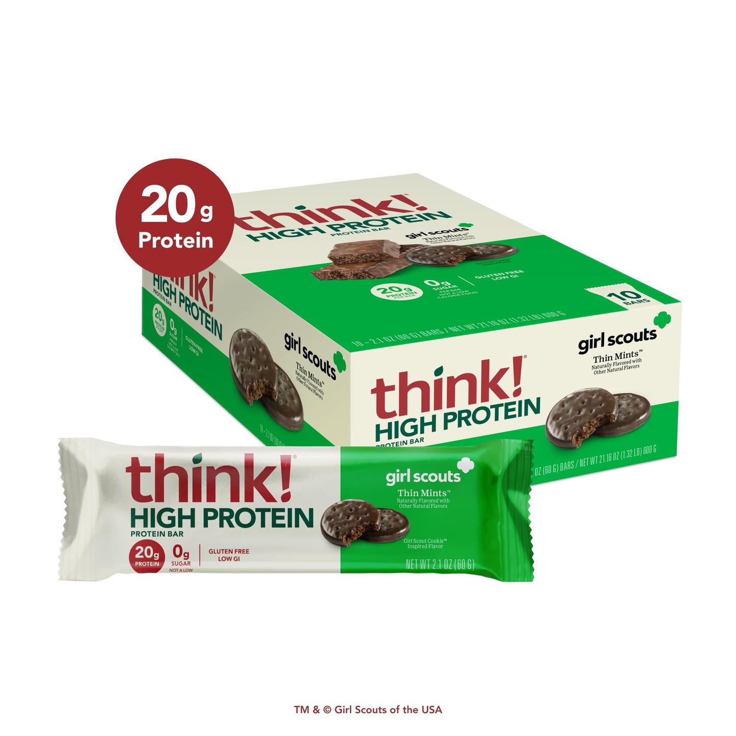 Think! Protein Bars, High Protein Snacks, Gluten Free, Kosher Friendly, Girl Scouts Thin Mint, Nutrition Bars, 2.1 Oz Per Bar, 1