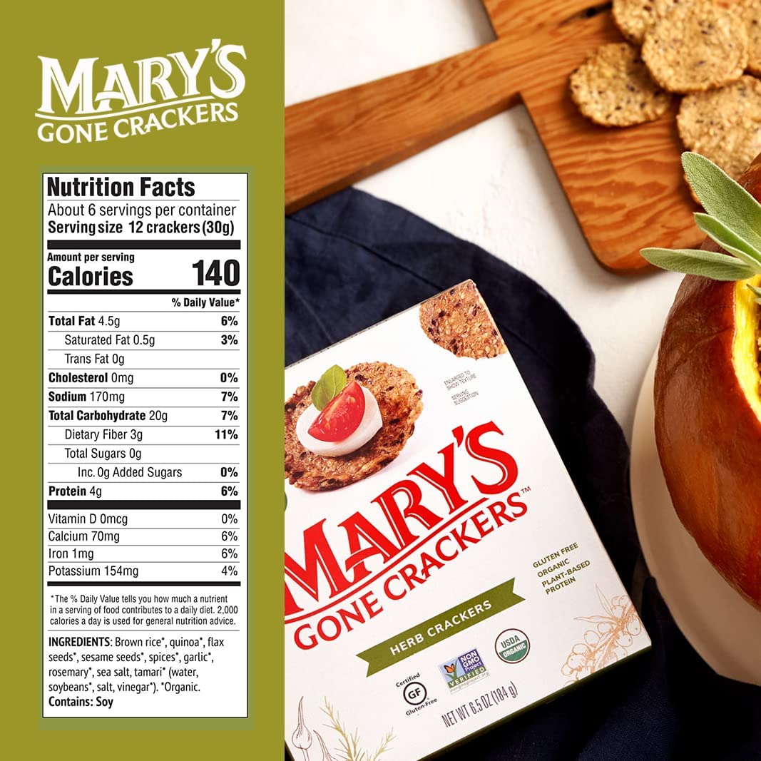 Mary'S Gone Crackers Herb Crackers, Organic Brown Rice, Flax & Sesame Seeds, Gluten Free, 6.5 Ounce