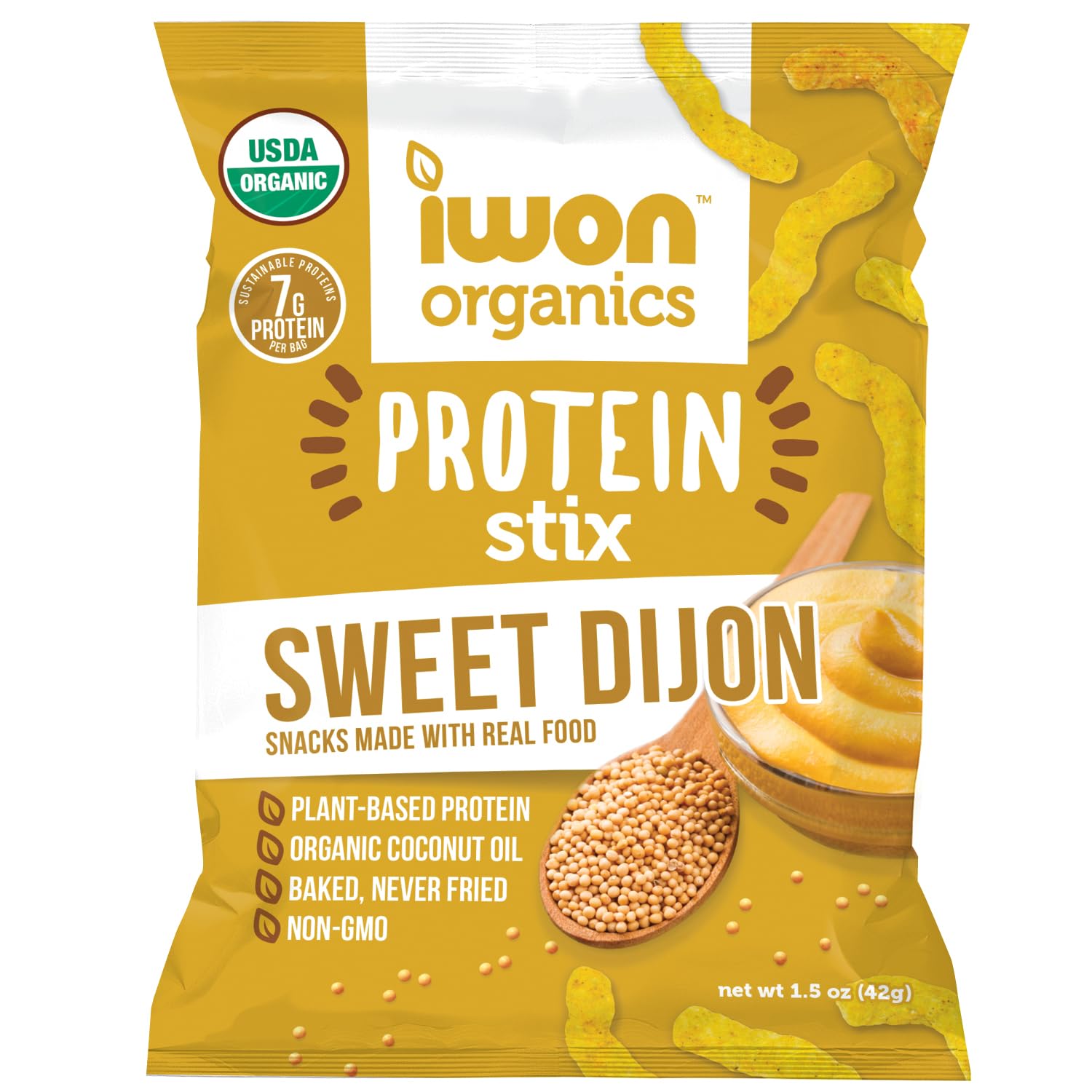 IWON Organics Sweet Dijon Flavor Snack Stix, High Protein and Organic Healthy Snacks, 8 Bags, 1.5 Ounce