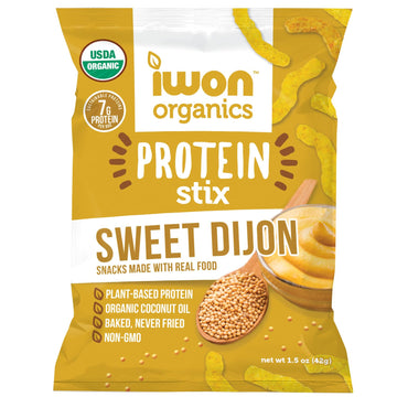 IWON Organics Sweet Dijon Flavor Snack Stix, High Protein and Organic Healthy Snacks, 8 Bags, 1.5 Ounce