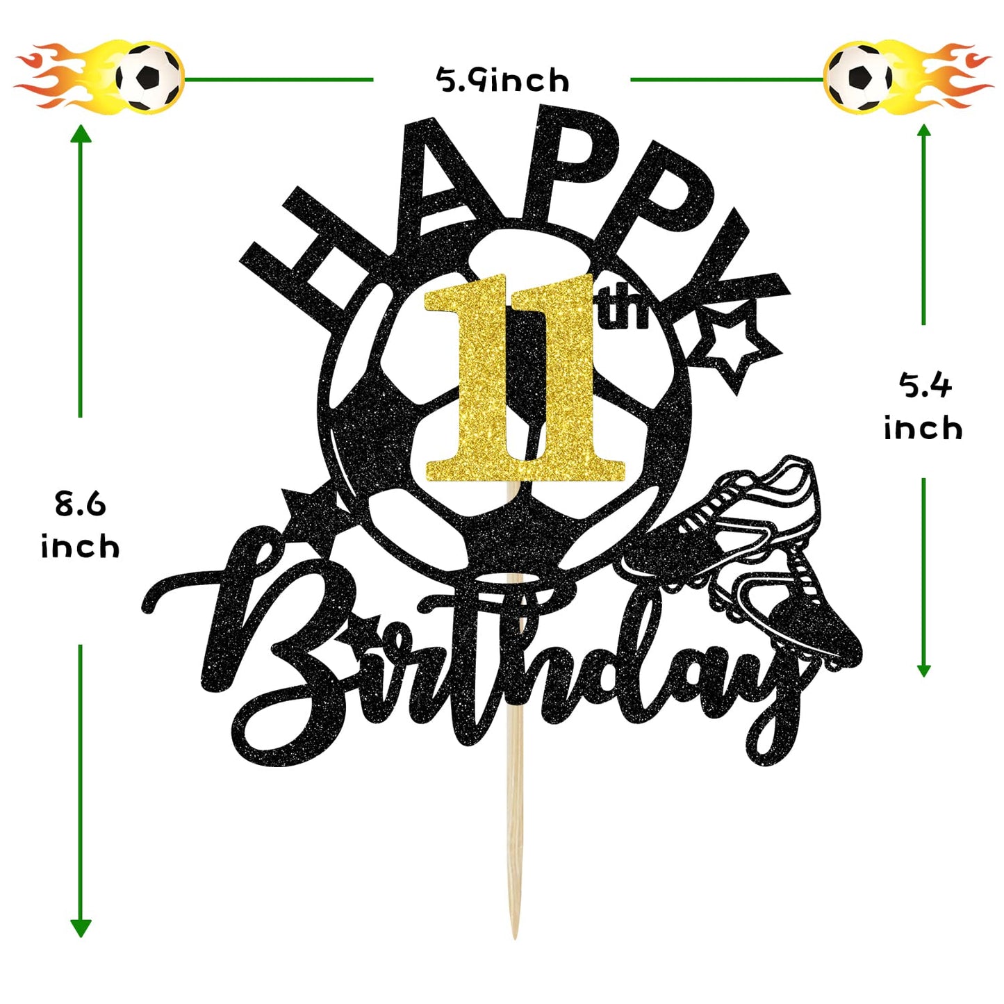 Aeryourtar Glitter Soccer Cake Topper, 11th Birthday Party Decorations, Paper, Soccer Theme, for Boys and Girls