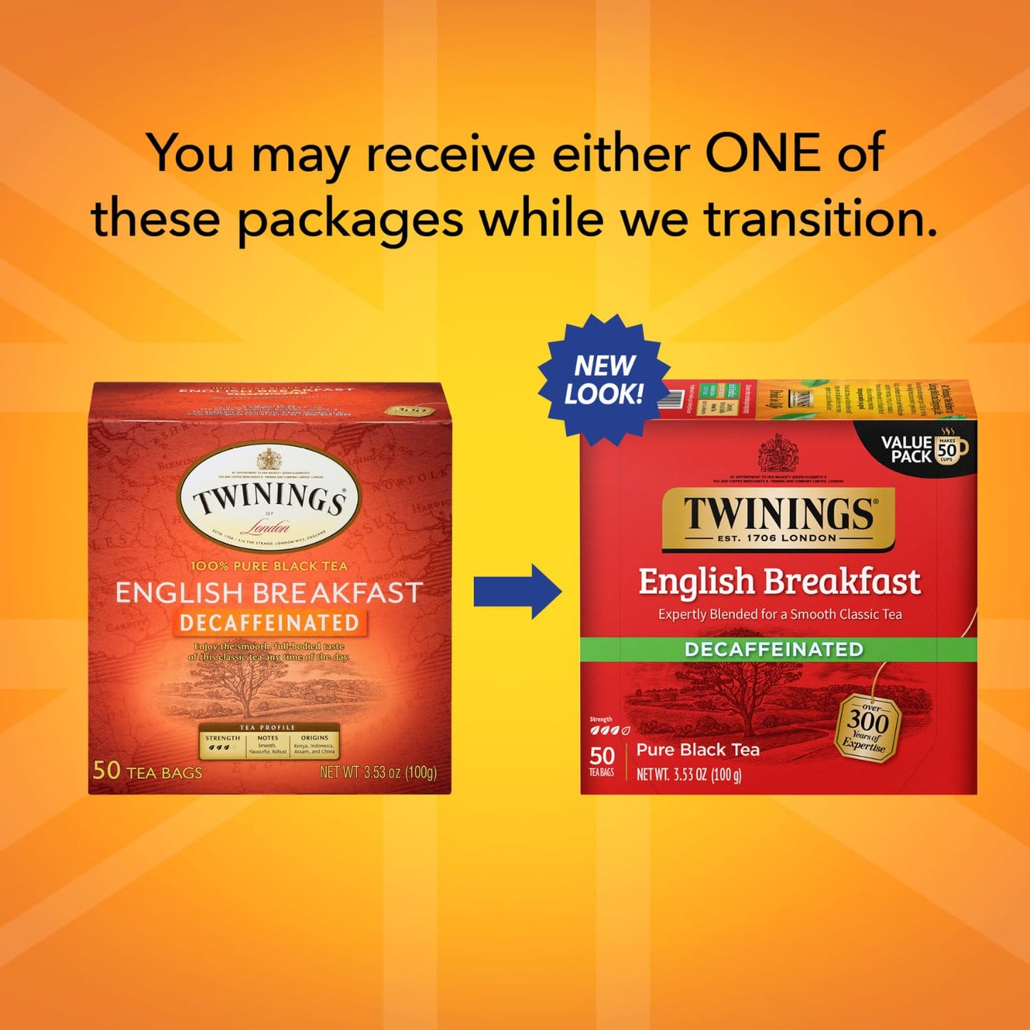 Twinings English Breakfast Decaffeinated Black Tea Bags - Individually Wrapped, 50 Count, Model JOCA-7404