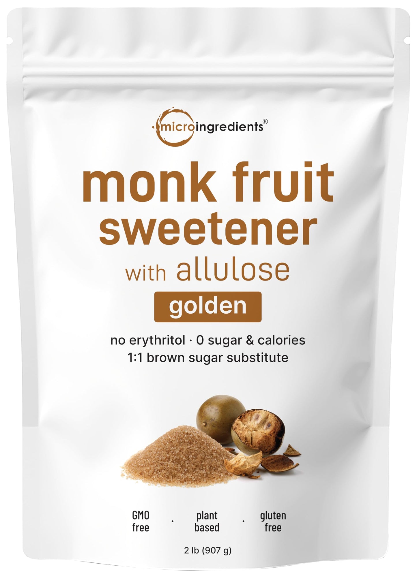 Micro Ingredients Golden Monk Fruit Sweetener Allulose, 2 lbs | No Erythritol, No Aftertaste, 1:1 Brown Sugar Substitute | Zero 