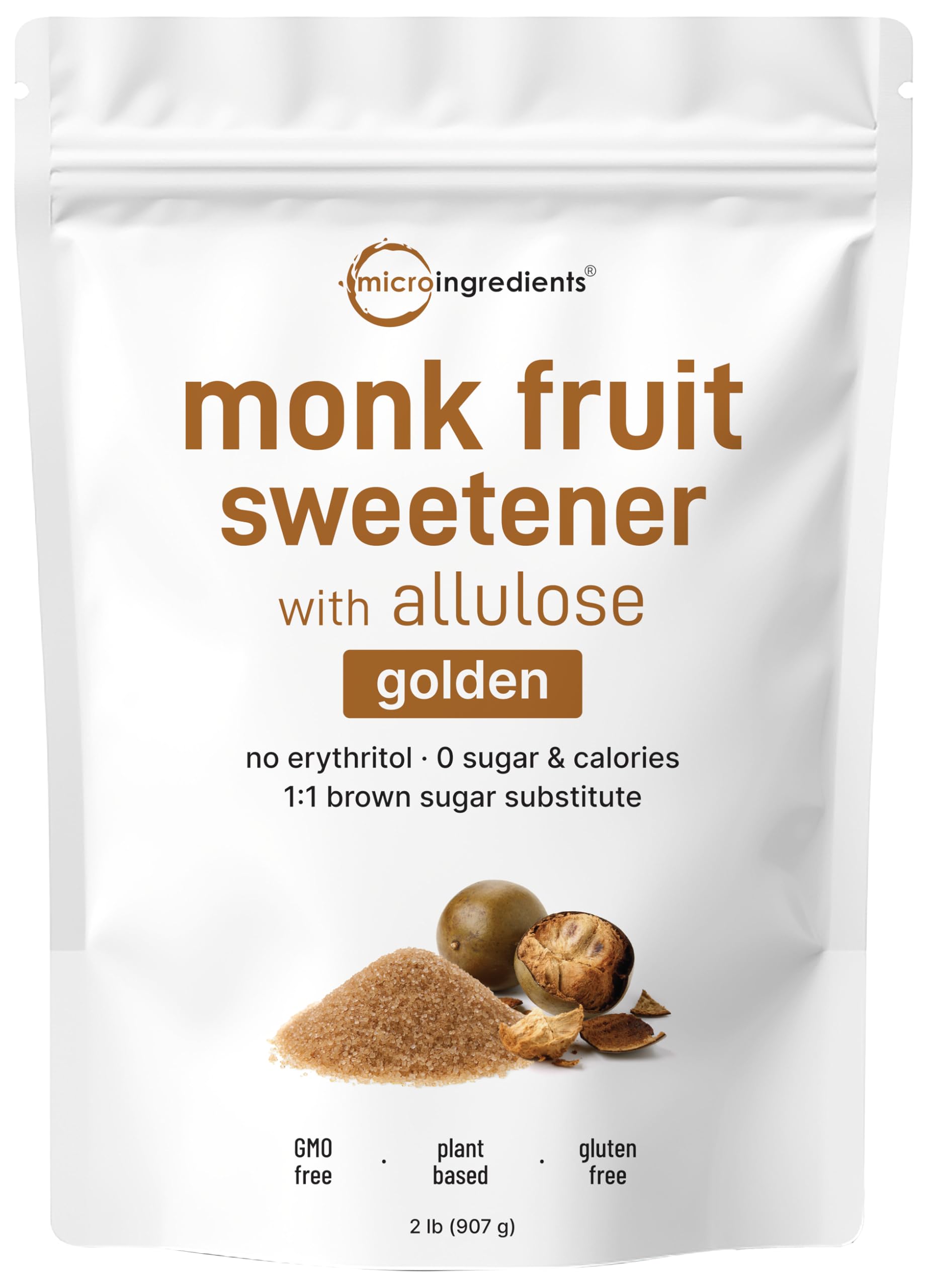 Micro Ingredients Golden Monk Fruit Sweetener Allulose, 2 lbs | No Erythritol, No Aftertaste, 1:1 Brown Sugar Substitute | Zero 