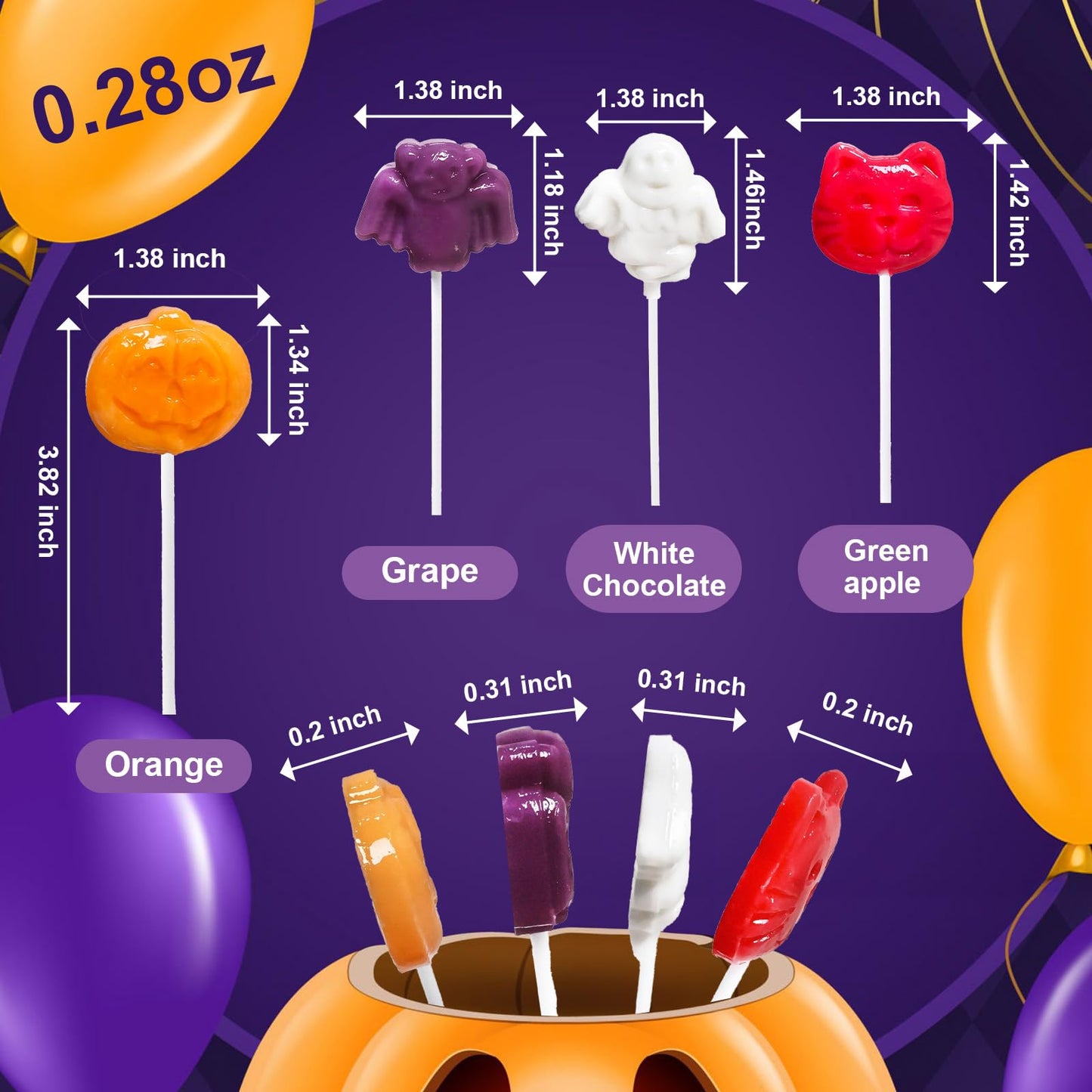 EORA Halloween Lollipop Suckers Candy, 42 Pack, Multi Color, Individually Wrapped, Pumpkin, Bat, Cat Designs, Model QWLH-HLMA-8G42