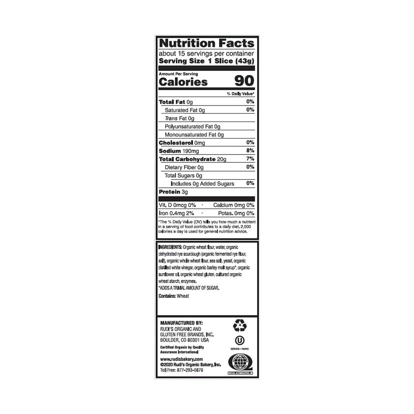 Rudis Organic Bakery Rocky Mountain Sourdough Bread, 22 oz (Frozen)