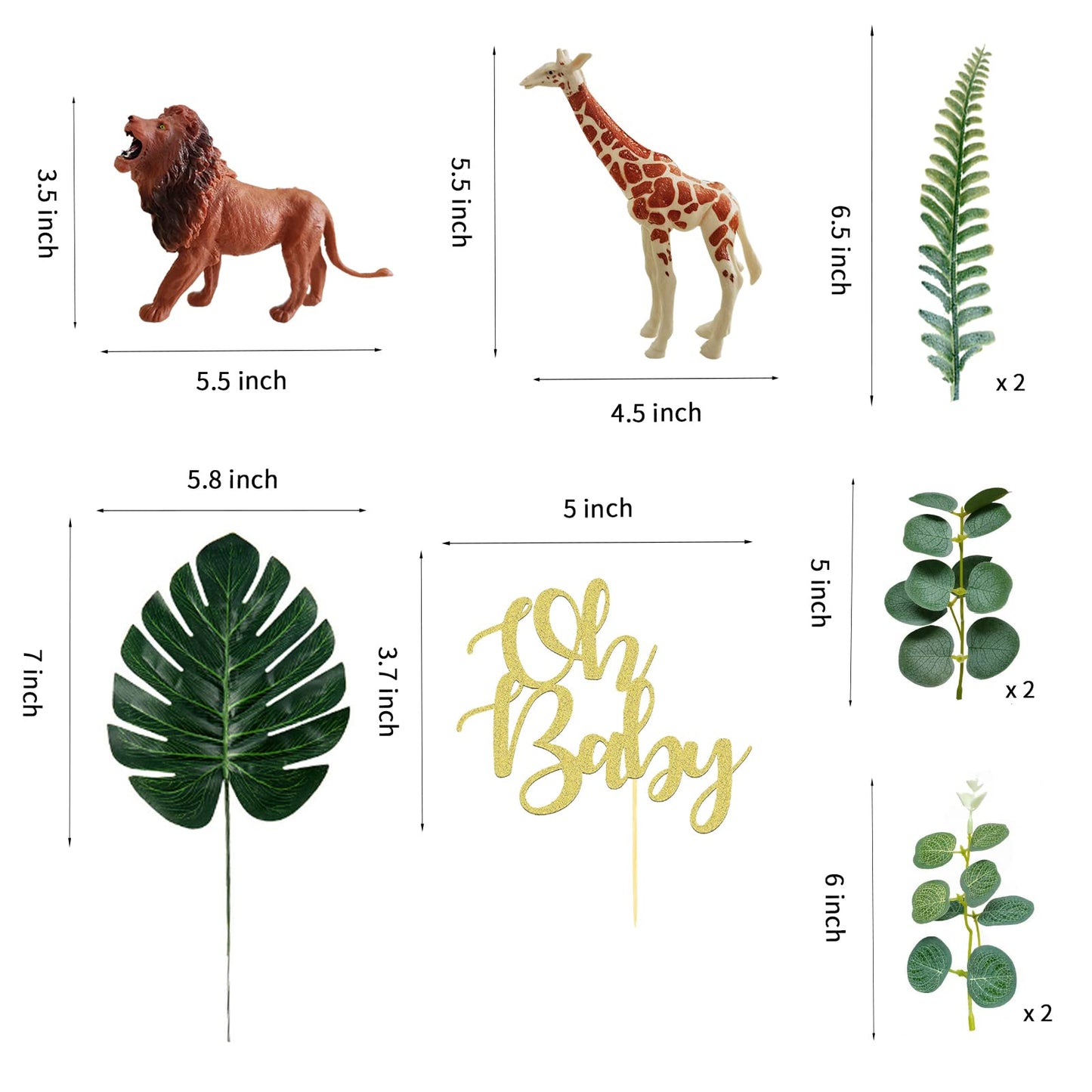 Realistic Safari Jungle Animals Cake Toppers With Plam Leaf Eucalyptus Leaves Cake Decorations For Wild Themed Birthday Baby Sho