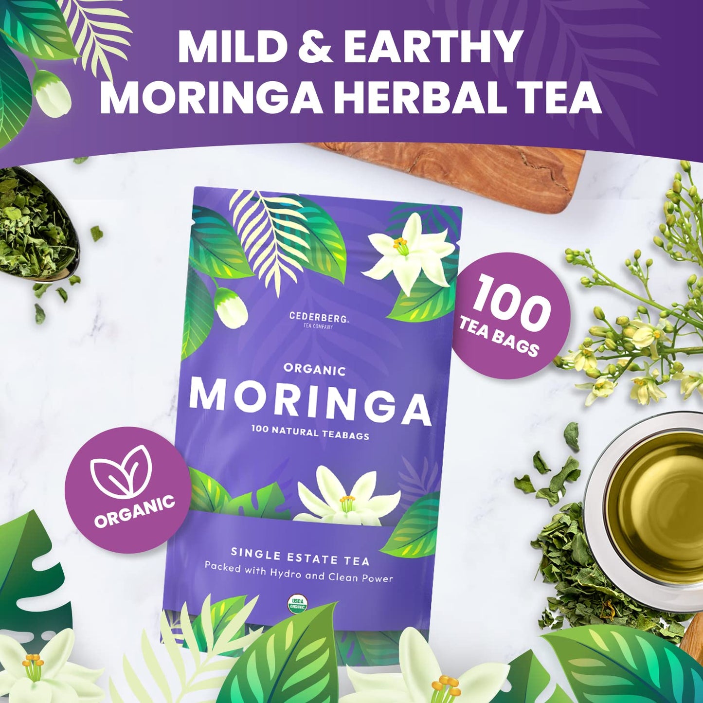 Cederberg Organic Moringa Herbal Tea - 100 Tea Bags, Eco-Friendly, Non-GMO, Caffeine-Free, Zero Sugar, 1 Count