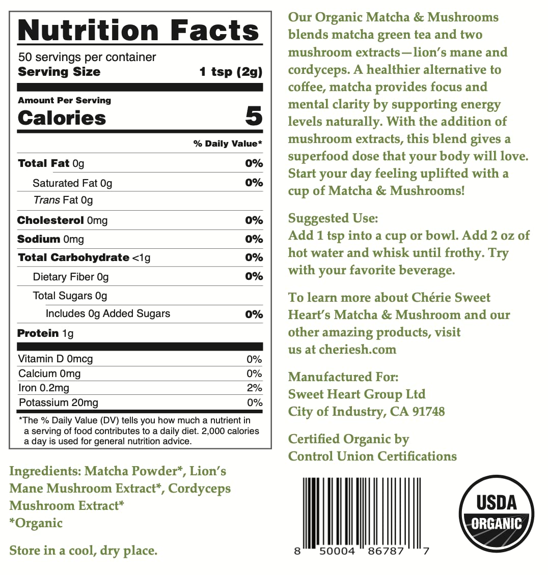 Chérie Sweet Heart Organic Matcha Latte Powder, 3.5 oz - Vegan, Non-GMO, Gluten-Free, Coffee Substitute, Matcha & Mushroom Blend
