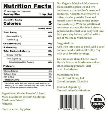 Chérie Sweet Heart Organic Matcha Latte Powder, 3.5 oz - Vegan, Non-GMO, Gluten-Free, Coffee Substitute, Matcha & Mushroom Blend