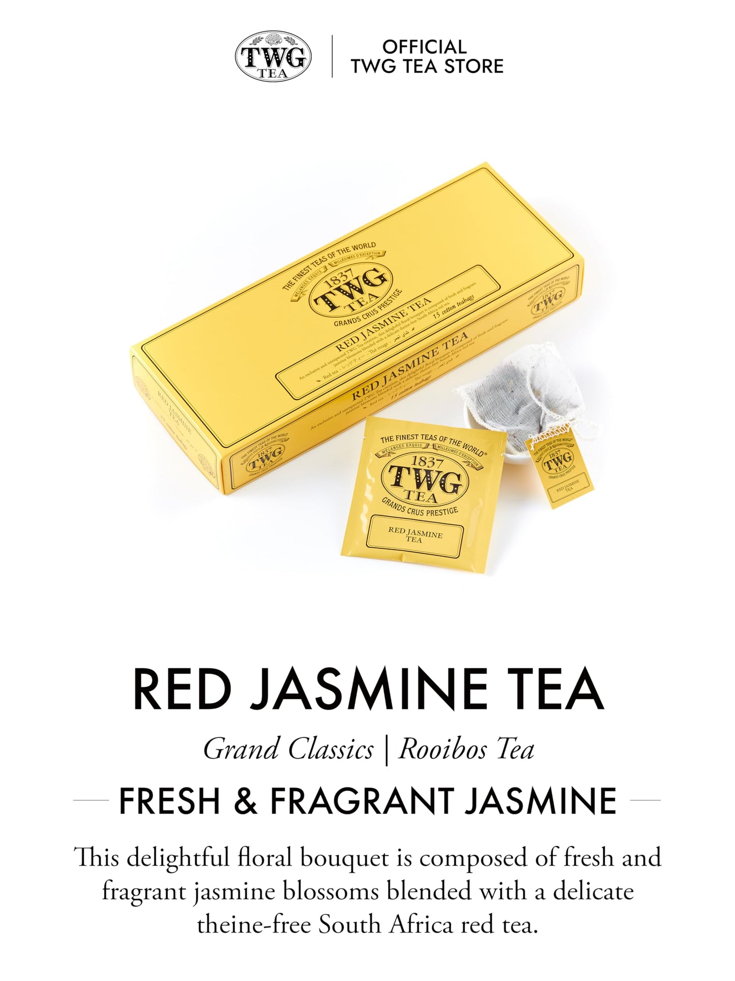 Twg Tea | Red Jasmine Tea | Rooibos Tea | Jasmine Flower | 15 Hand Sewn Cotton Tea Bags | Gift Set