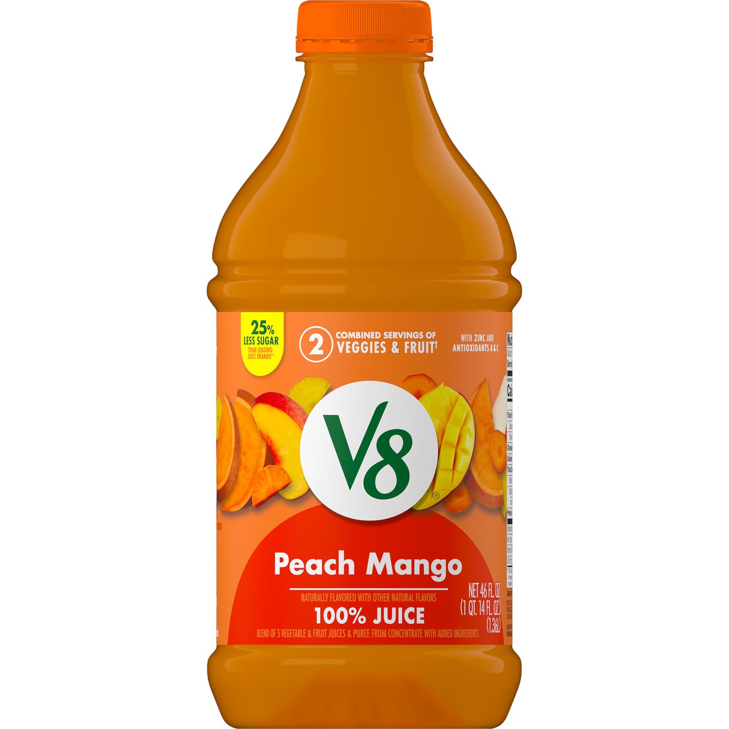 V8 Peach Mango 100% Fruit and Vegetable Juice, 46 Fl Oz Bottle, Pack of 1