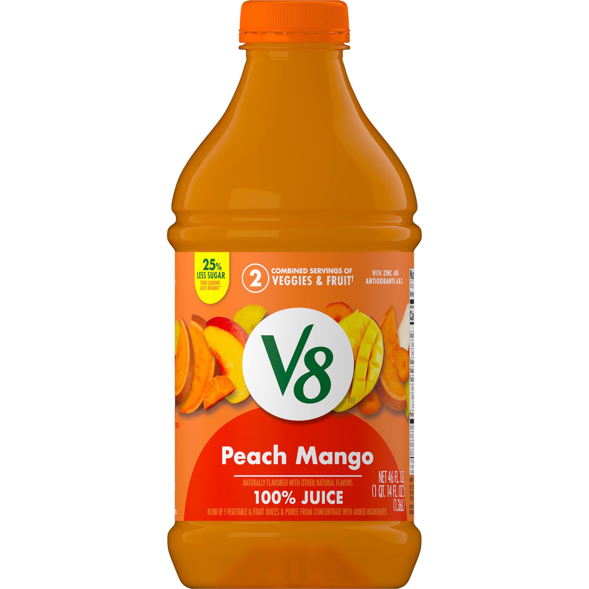 V8 Peach Mango 100% Fruit and Vegetable Juice, 46 Fl Oz Bottle, Pack of 1