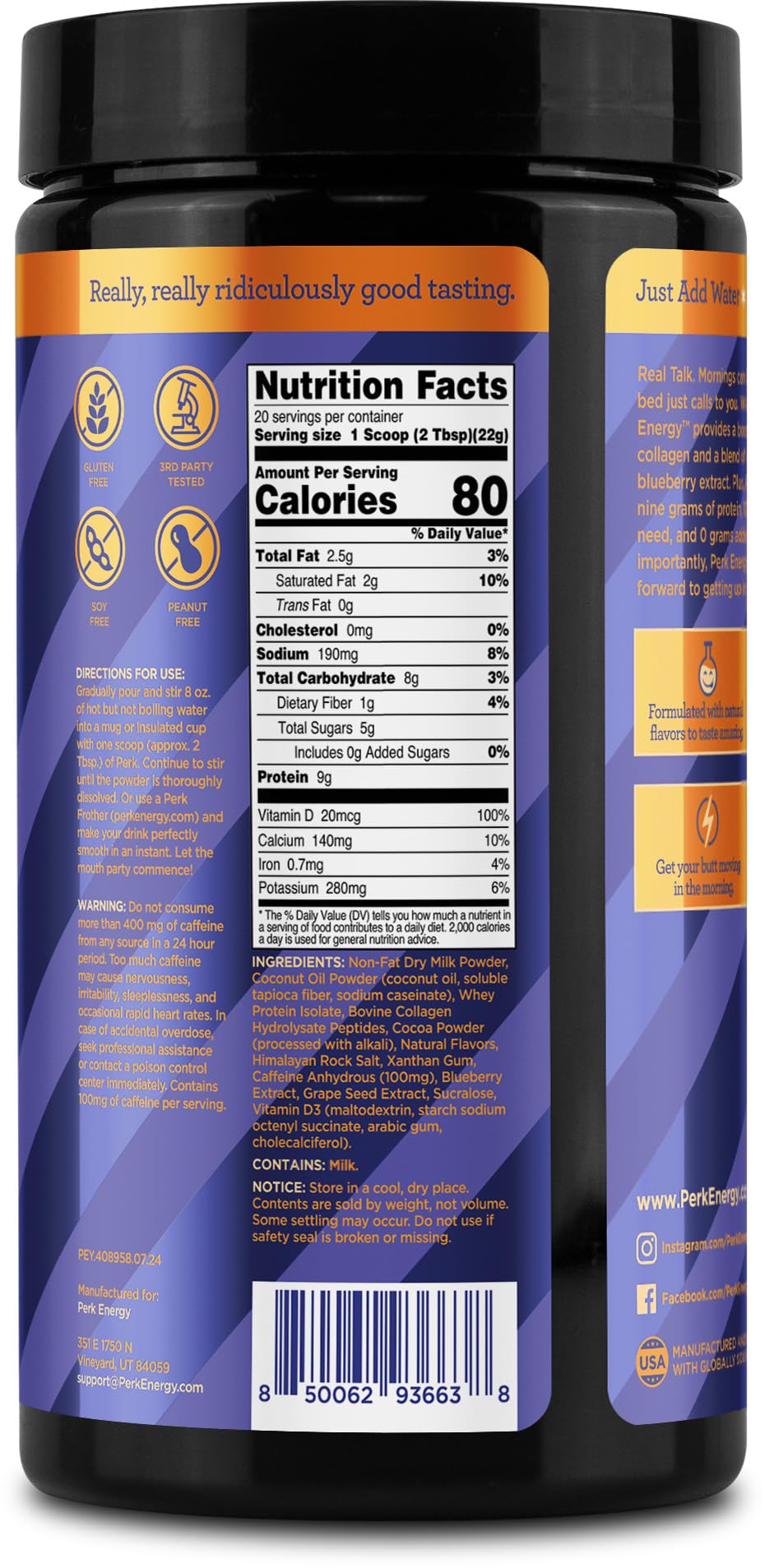 Perk Energy Original Chocolate Orange Flavored (20 Servings) - Gluten Free  Soy Free and Peanut Free