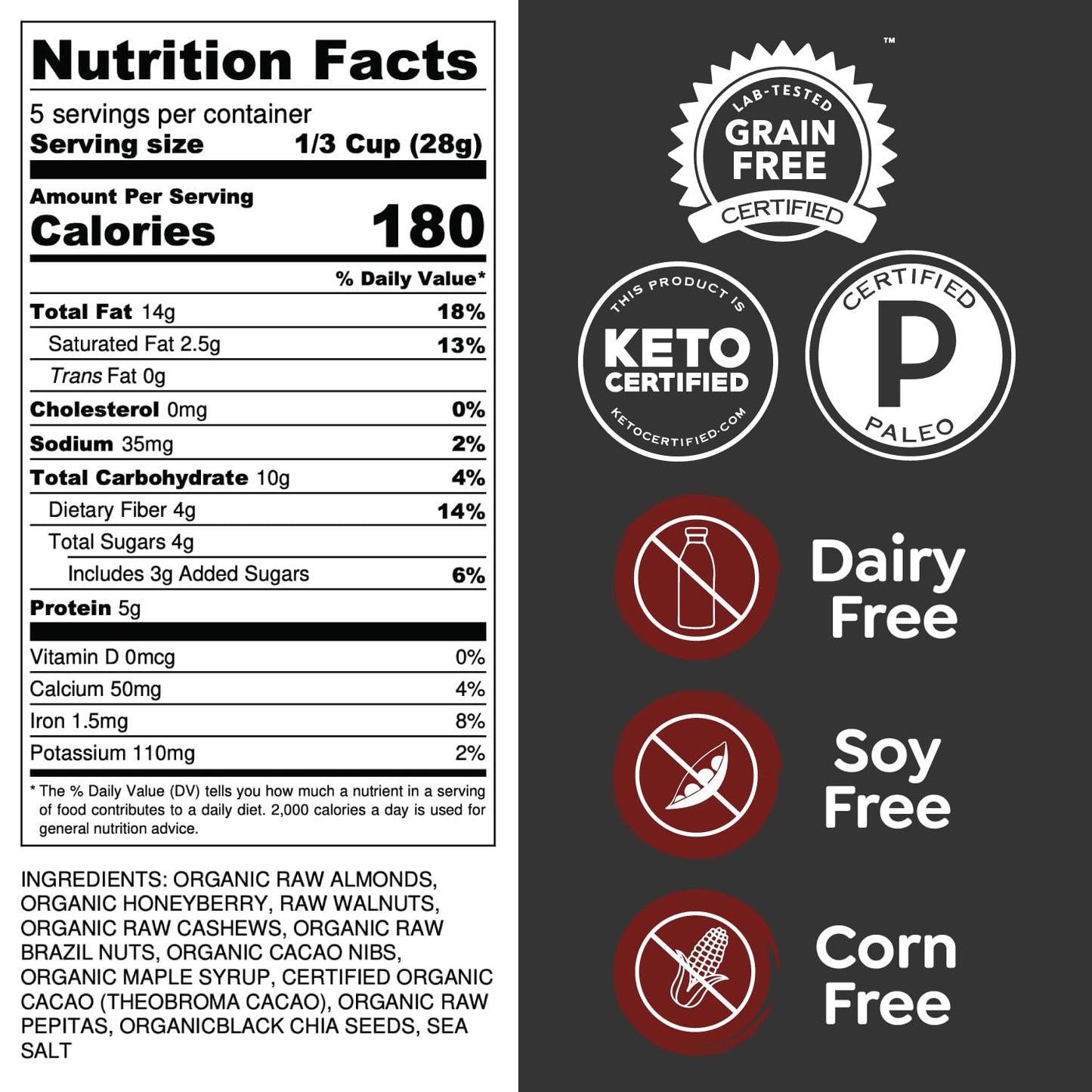 Witzis Grain Free Granola, Chocolate Honeyberry, Vegan, Keto, 5oz (Pack of 3)