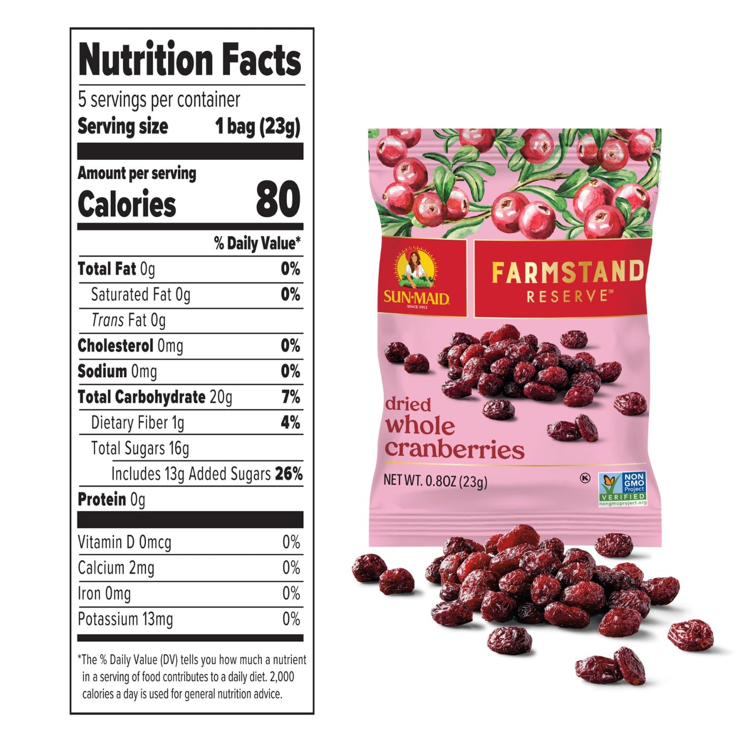 Sun-Maid Farmstand Reserve Whole Dried Cranberries - (5 Pack) 0.8 Oz Snack Bag - Dried Fruit Snack For Natural Sweeteners