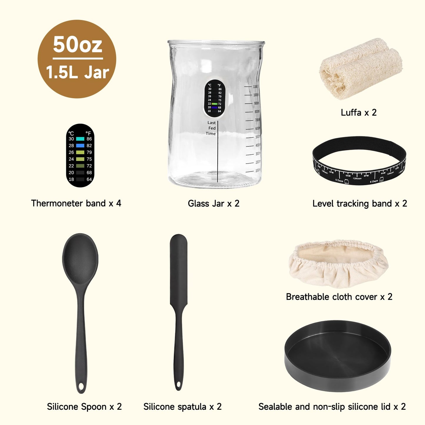 Arbnic Sourdough Starter Kit - 2 Glass Jars, Thermometer, Feeding Band, Large Capacity