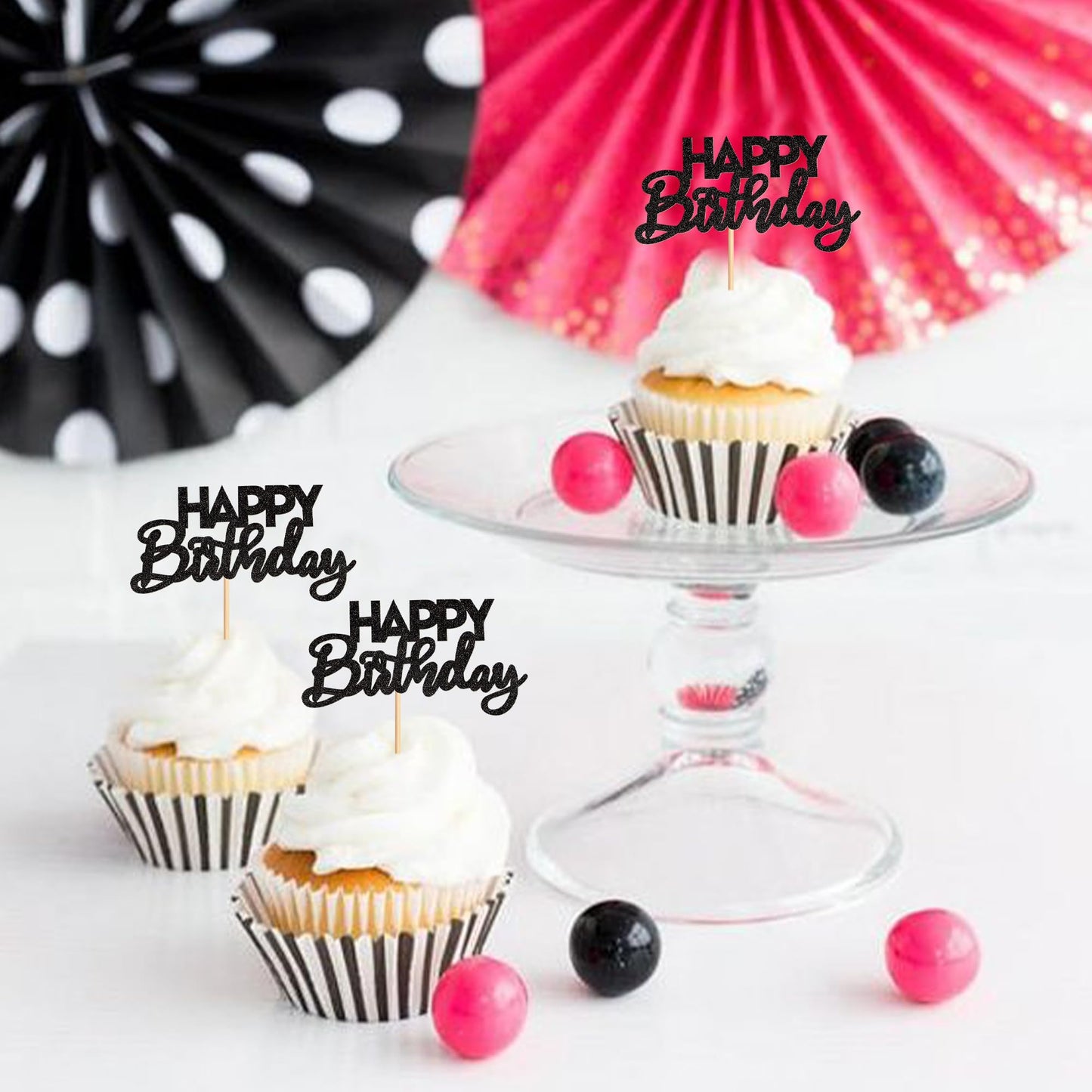 Ercadio 24 Pack Happy Birthday Cupcake Toppers Black Glitter Assembled Birthday Cupcake Picks Birthday Cake Picks For Baby Showe