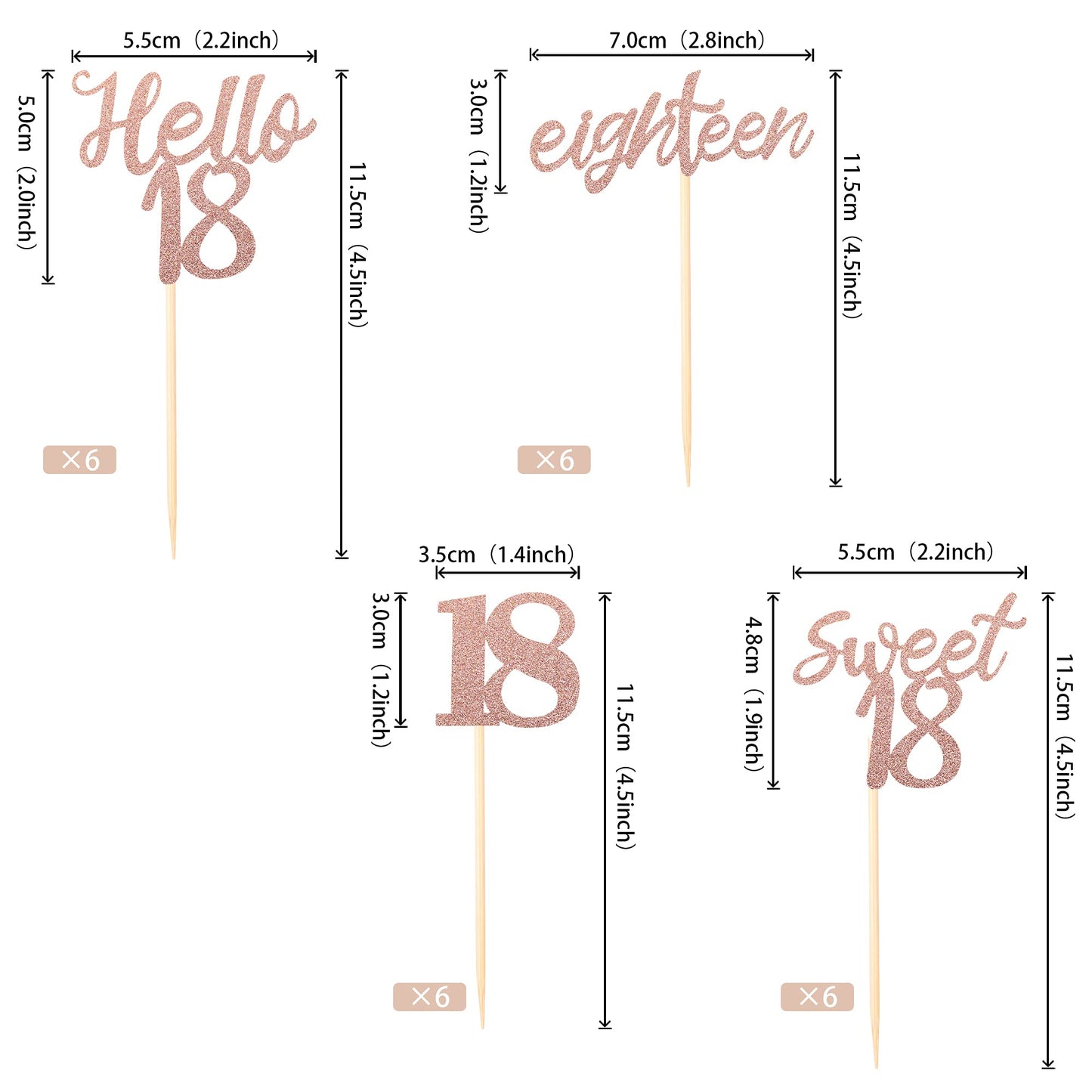 24 Pcs 18Th Birthday Cupcake Toppers Sweet 18 Hello 18 Eighteen Cupcake Picks 18Th Birthday Cake Decorations Supplies Rose Gold