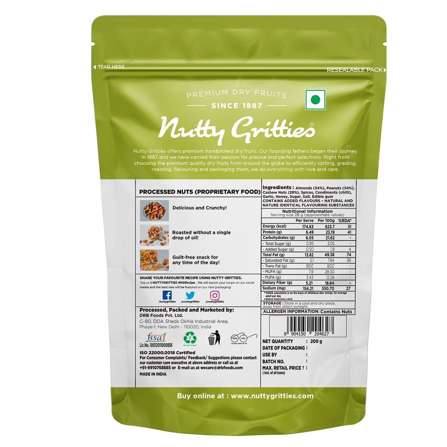 Nutty Gritties Thai Chilli Blend Trail Mix 200G - Roasted Spicy Flavoured Almonds, Cashews And Peanuts| Healthy Party Snack | Dr