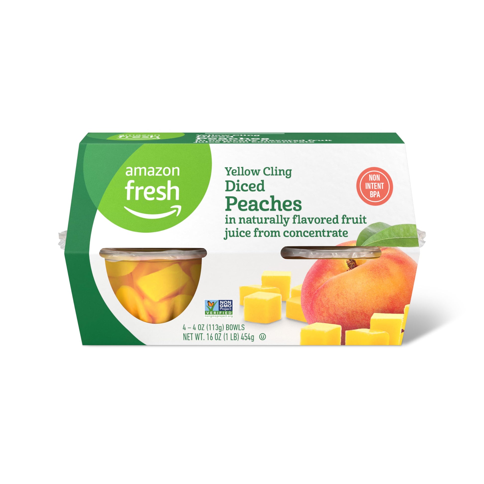 Large Online Retailer Fresh, Yellow Cling Diced Peaches In Fruit Juice, 4 Oz Bowls (Pack Of 4) (Previously Happy Belly, Packaging May Vary)