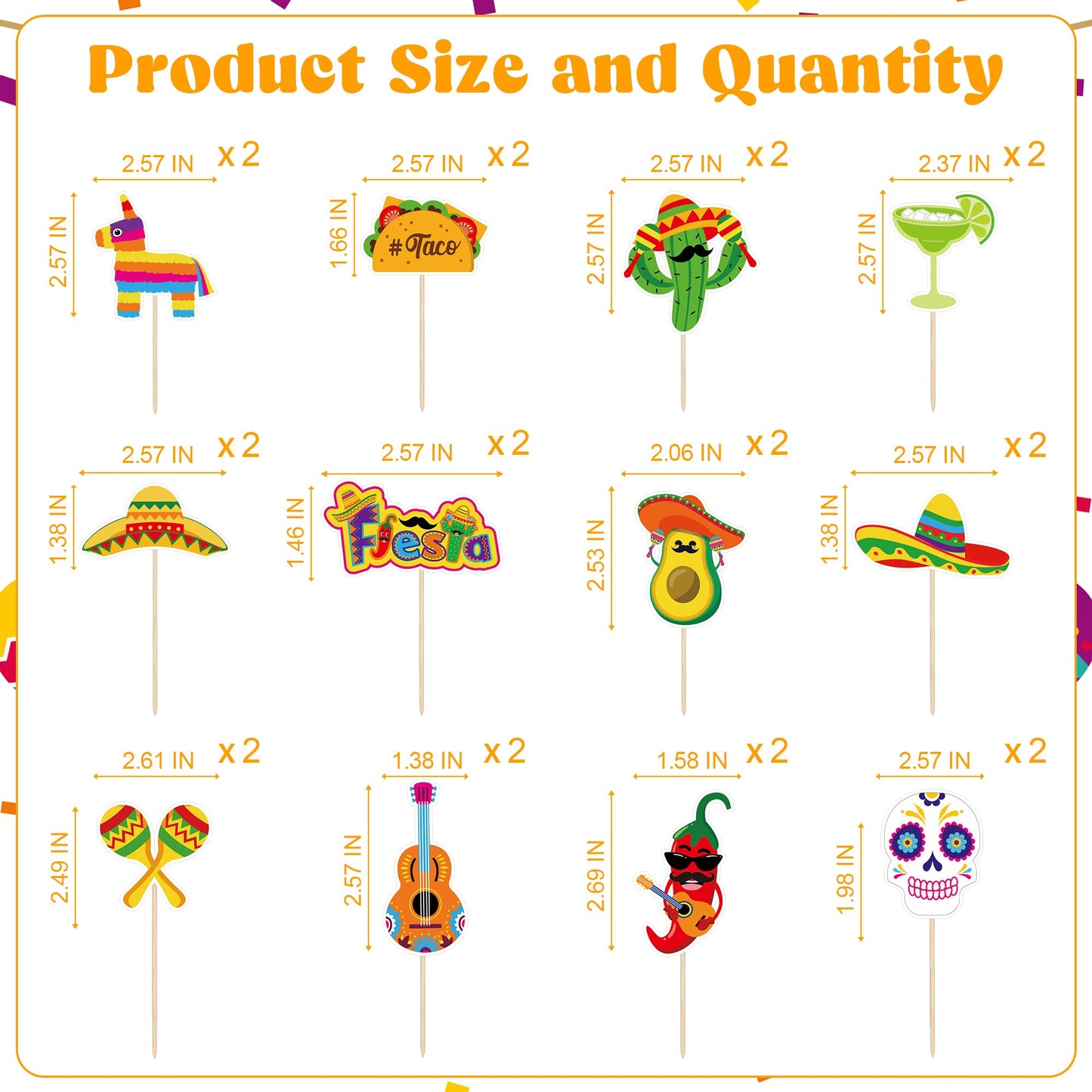QZYL 24 PCS Cinco De Mayo Decorations, Fiesta Cake Toppers, Paperboard, Multi-Style, LK-MAY-caketopper-24, Flesta