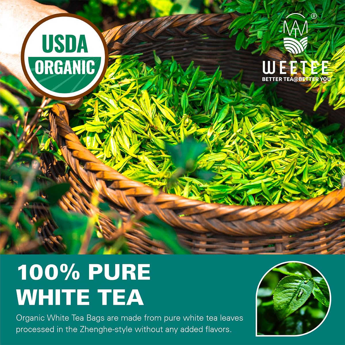 Wt Weetee Organic White Tea Bags, Organic Pure White Tea 100 Count, Mellow & Smooth, Perfect For Hot Or Iced Tea