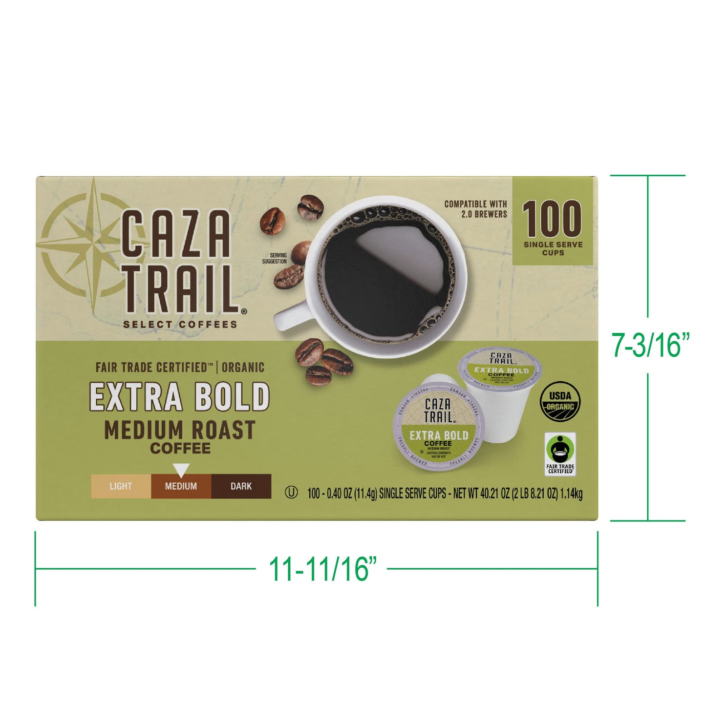 Caza Trail Coffee Organic Extra Bold Medium Roast, 100 Single Serve Cups, Model 07G75124221