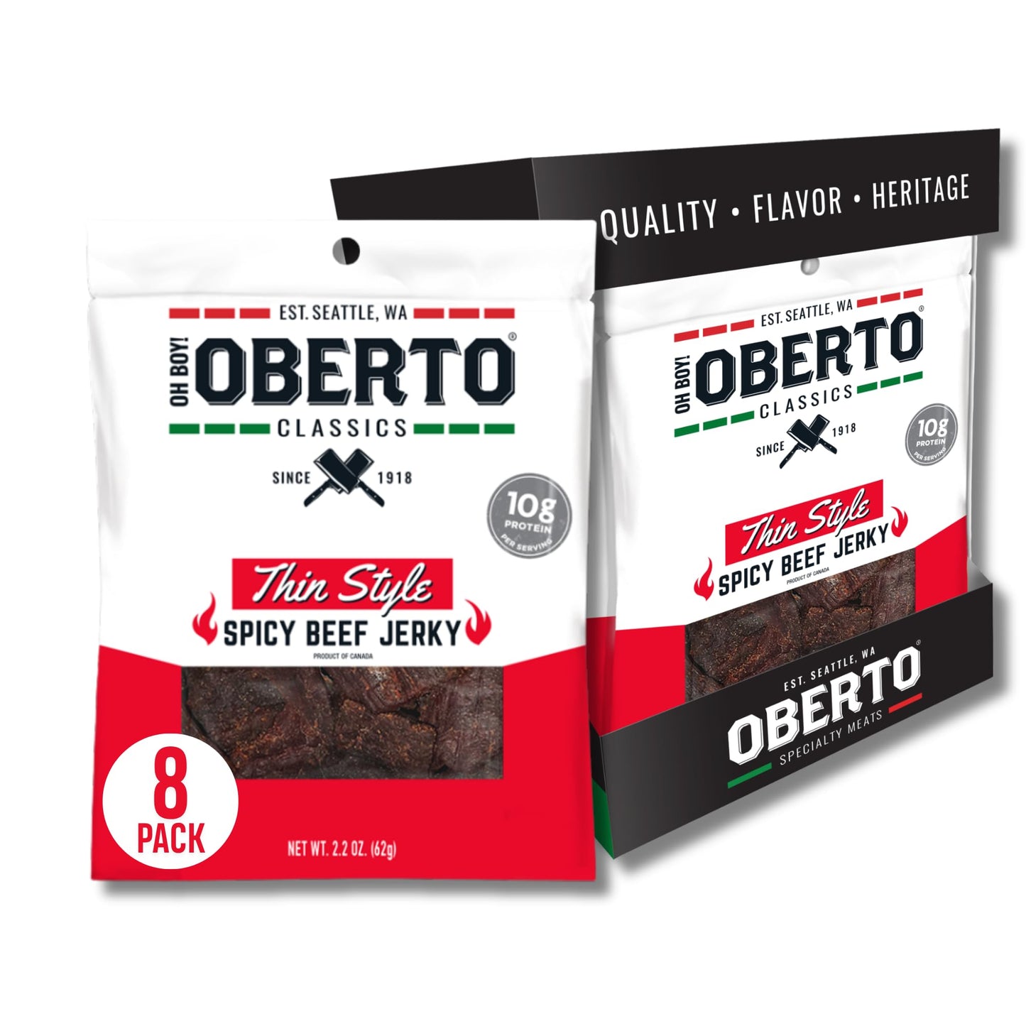Oberto Classics Thin Style Beef Jerky  Spicy Flavor  No Artificial Ingredients  High Protein  Gluten Free  Wood Smoked  enhanced Steak Beef Jerky High Protein Snacks  2.2 Ounce (Pack of 8)