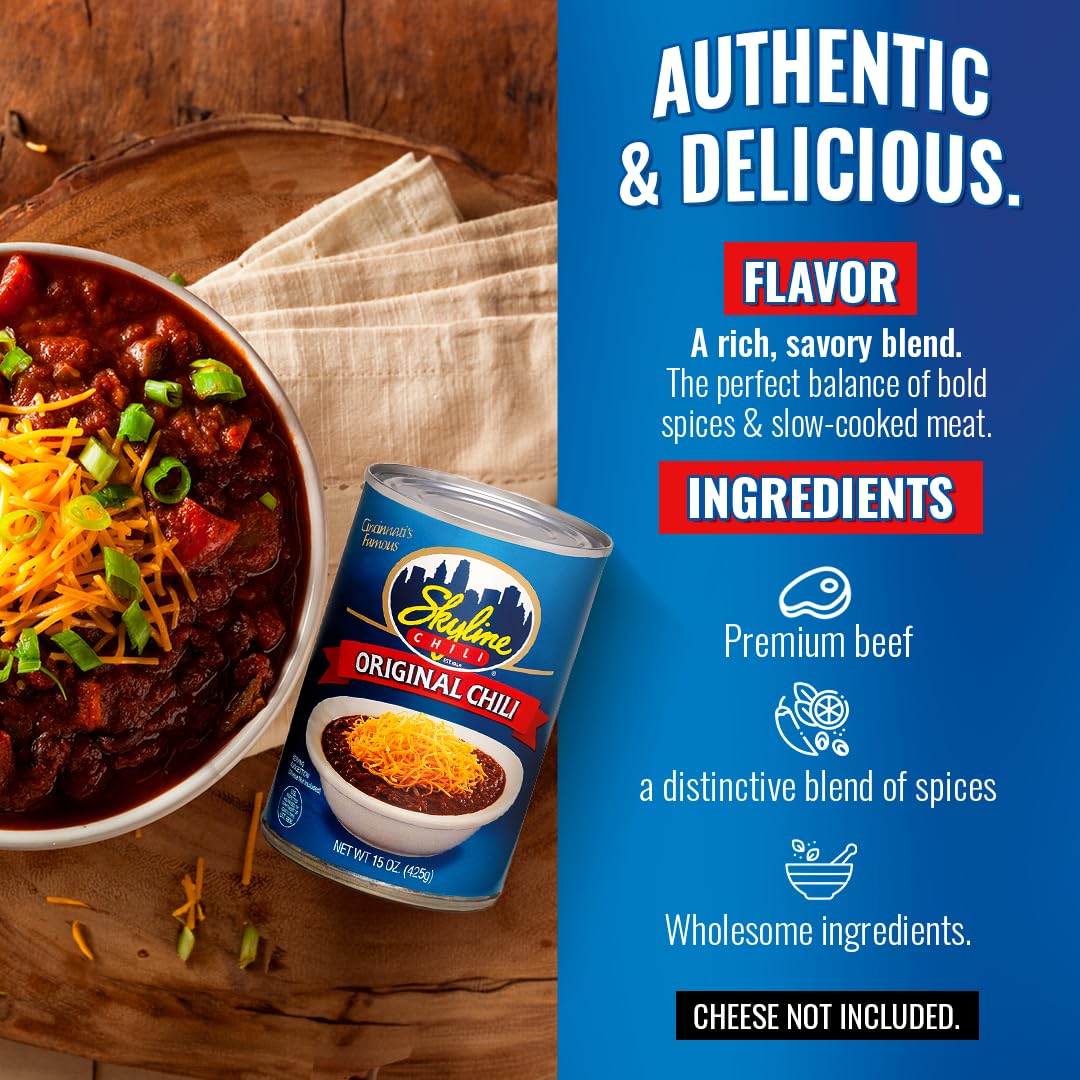 Skyline Chili Canned Chili 8-Pack, Authentic Cincinnati Chili, 15 oz Cans, No Beans, High-Protein Hot Dog Sauce