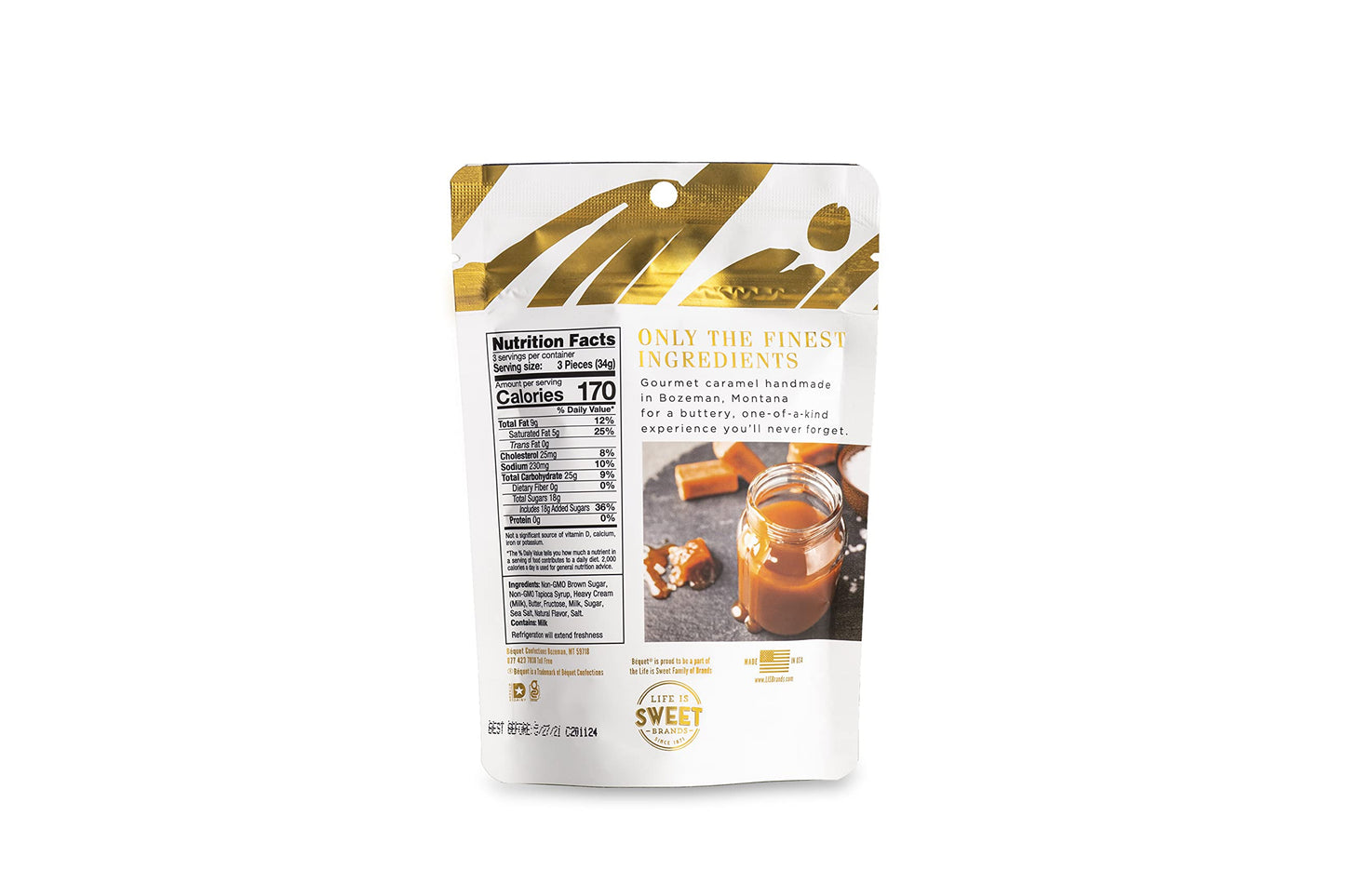 Béquet Caramel - Celtic Sea Salt Caramel - Gourmet Caramel Candy - Salted Caramel Candy Individually Wrapped - Made In Montana - Kosher (Star D) And Gluten Free - 3.6 Oz Single Pouch