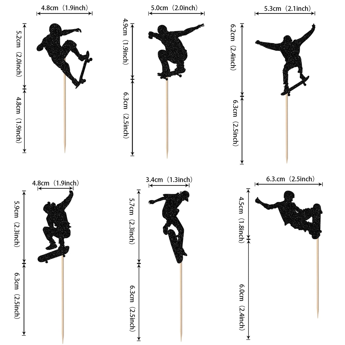 24 Pcs Skateboard Cupcake Toppers Black Glitter Skateboarding Cupcake Picks Sport Skating Theme Bachelorette Birthday Party Cake