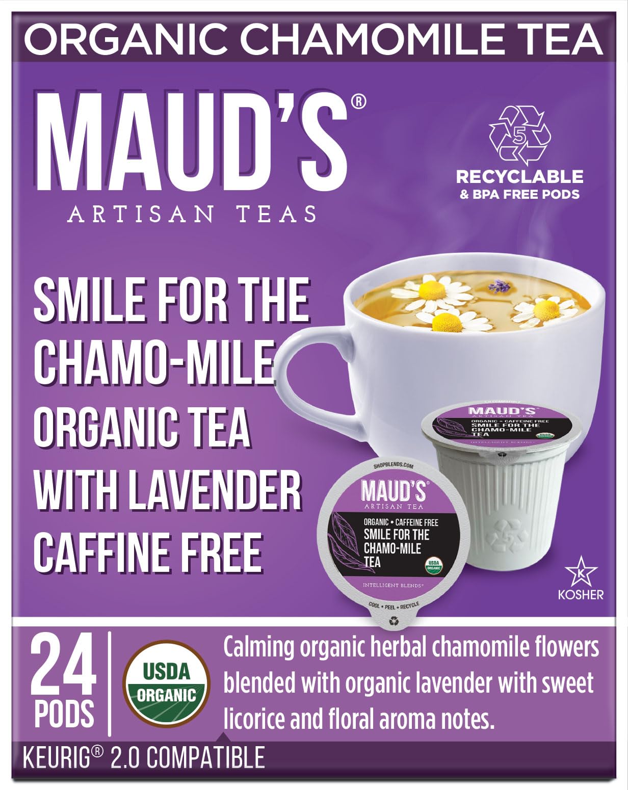 MAUDS Organic Chamomile Lavender Tea Pods - 24 Count - Caffeine Free, KCup Compatible, Recyclable