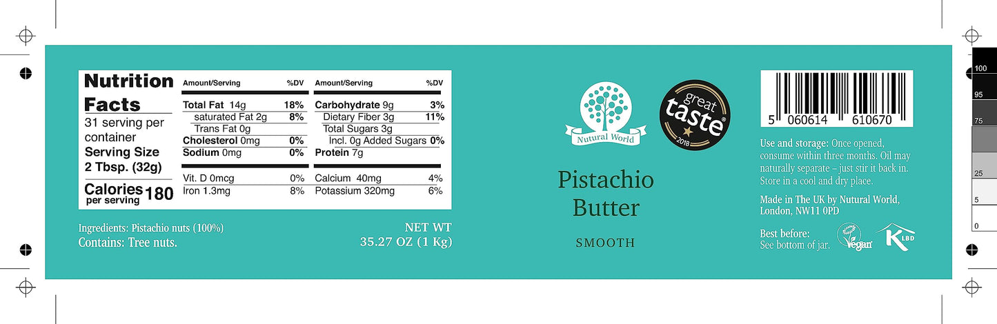 Nutural World - Smooth Pistachio Butter 35 Oz (1Kg) / 100% Pure Single Ingredient - Great Taste Award Winner
