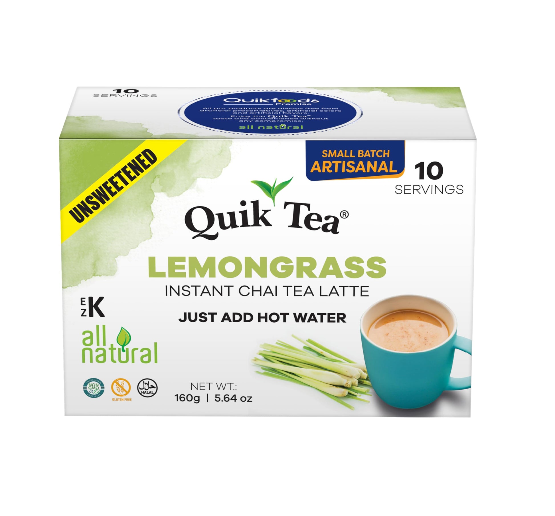 Quik Tea Unsweetened Lemongrass Chai Tea Latte - 10 Count Single Box - All Natural, Preservative Free, Authentic Chai from Assam
