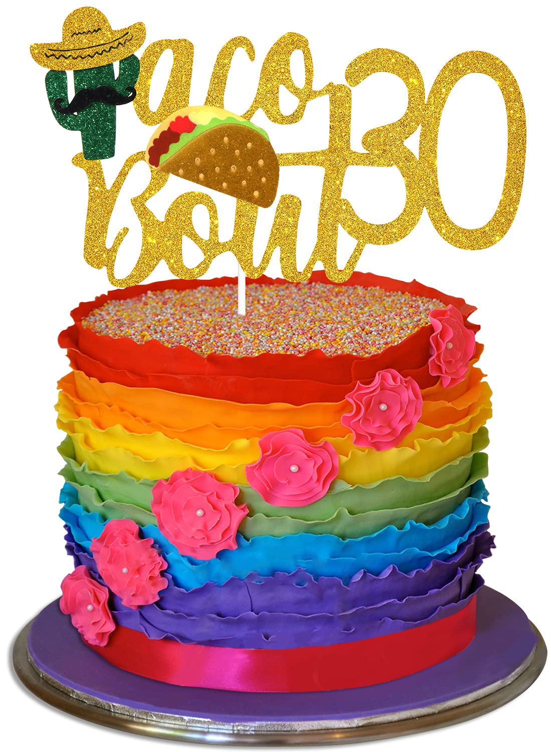 Caiwowo Taco Bout 30 Birthday Cake Topper, Gold Glitter, Fiesta Party Decoration, Paper, Model 1