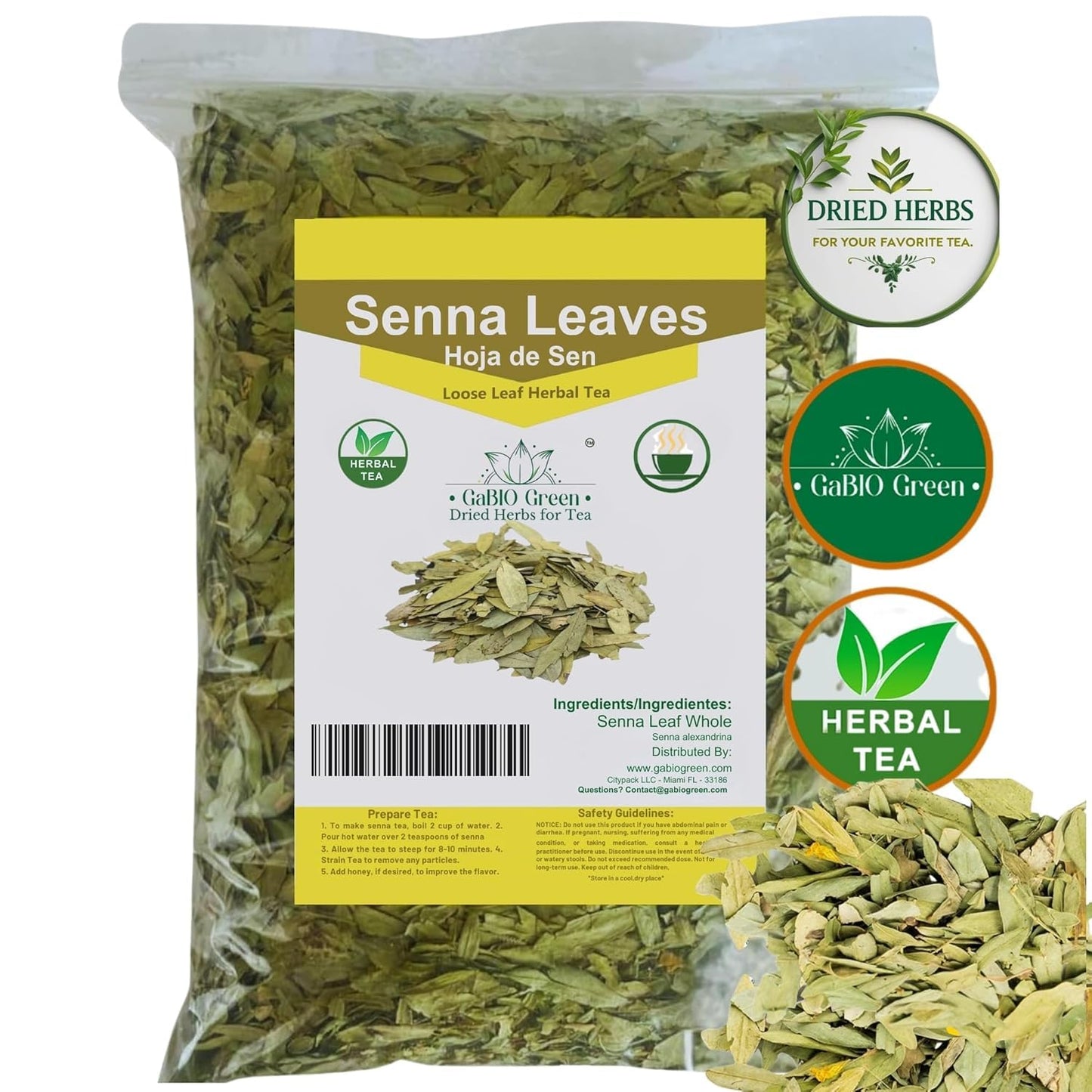 Gabio Green Natural Senna Leaves, Dried Herbal Leaves, Non-GMO, Gluten-Free, 8oz Resealable Bag