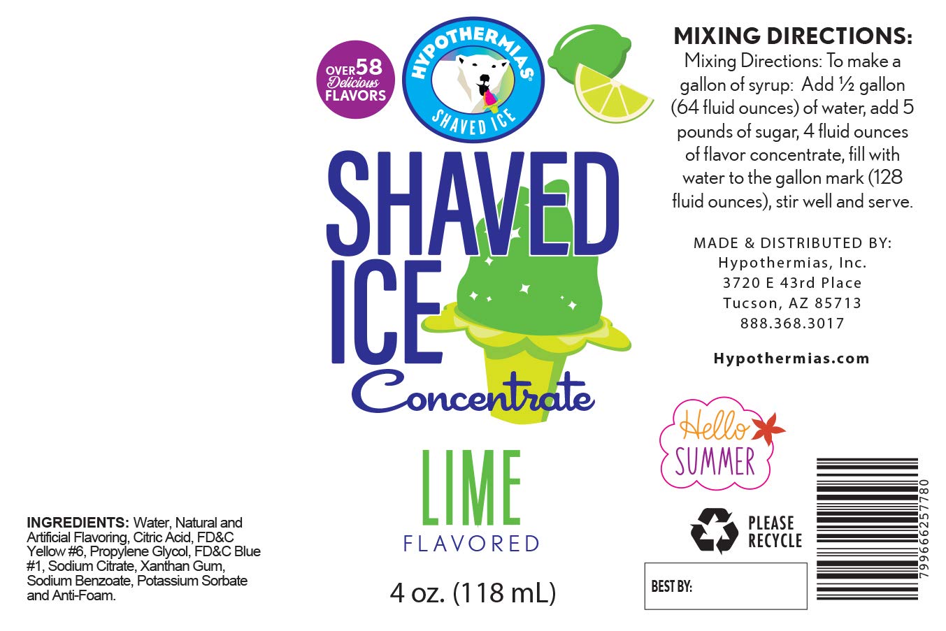 Hypothermias Shaved Ice And Snow Cone Syrup Unsweetened Flavor Concentrate - 4 Fl Oz - Makes 1 Gallon Of Ready To Use Syrup - Li