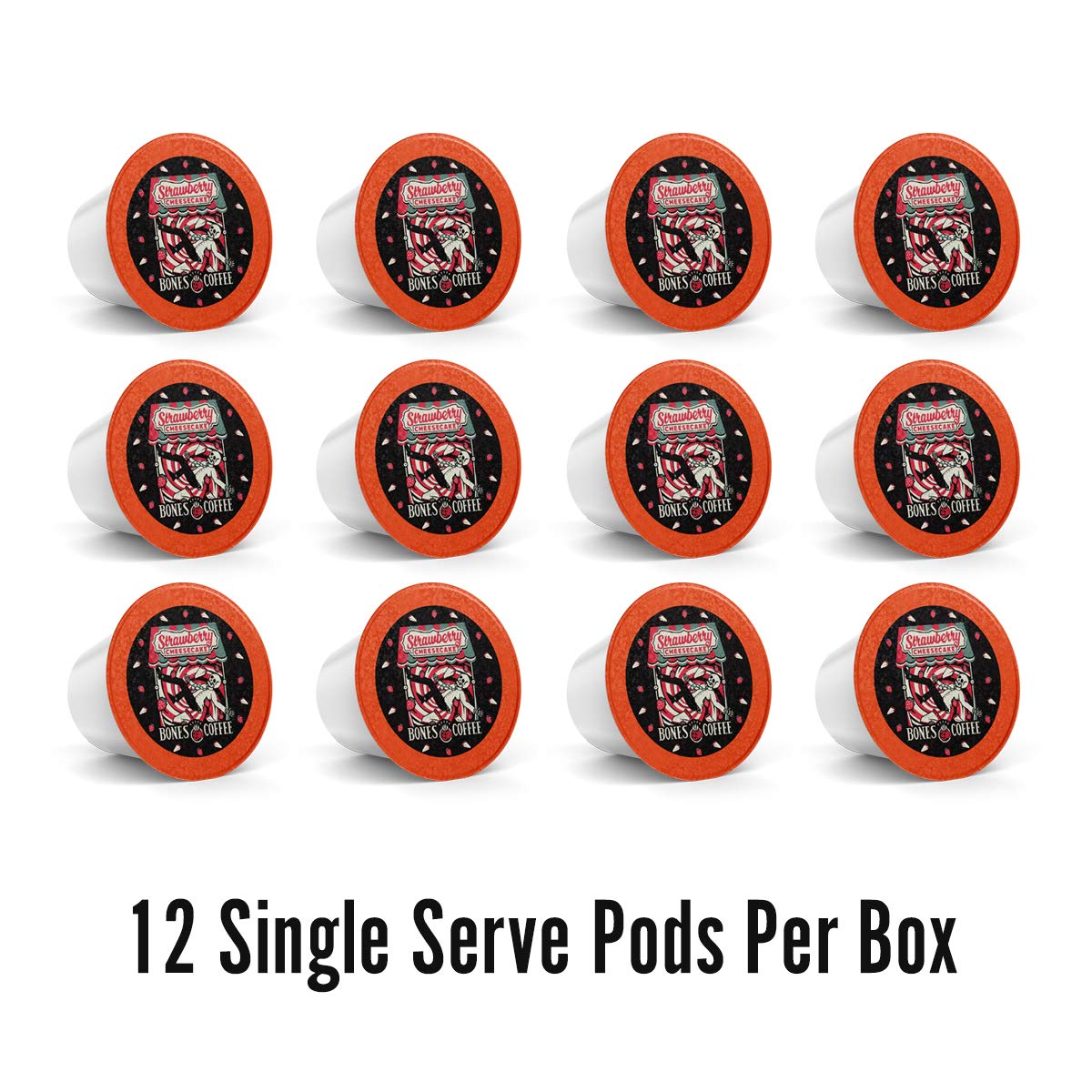 Bones Coffee Company Strawberry Cheesecake Flavored Coffee Pods, Low Acid Medium Roast Single-Serve Bones Cups, Compatible With 1.0 & 2.0 K-Cups Malt-Inspired Coffee Maker, 12 Count