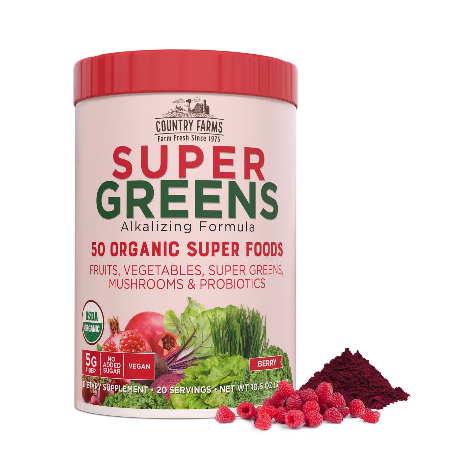 Country Farms Super Greens Berry Flavor, 50 Organic Super Foods, Usda Organic Drink Mix, Fruits, Vegetables, Super Greens, Mushr