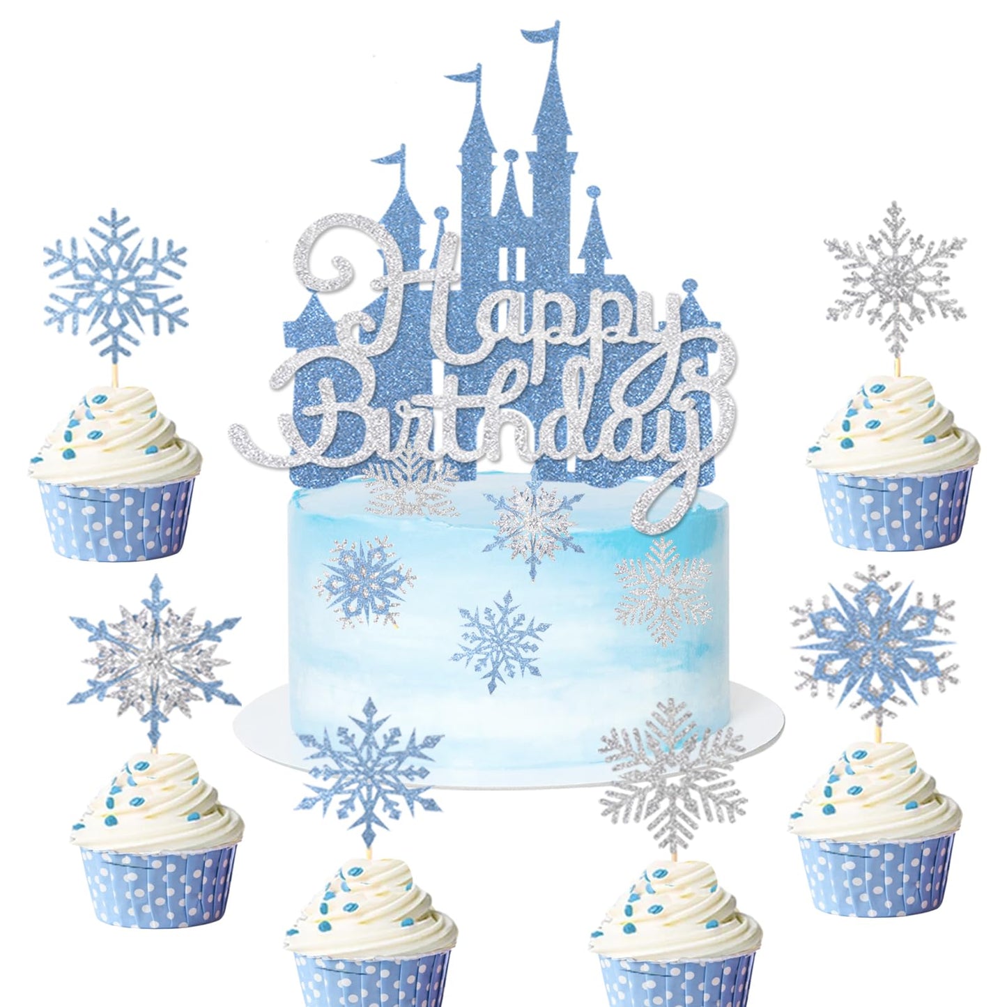 Wootkey 26Pcs Frozen Castle Cake Toppers Double Layer Silver Blue Snowflake Cupcake Toppers Winter Wonderland Cake Decorations F