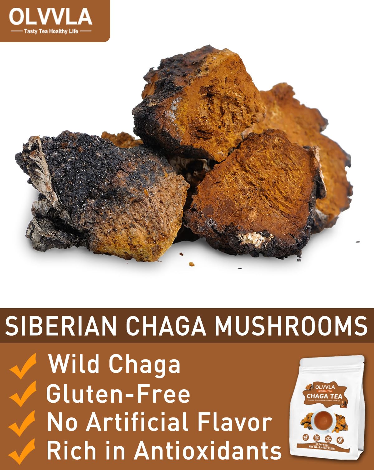 Olvvla Chaga Tea Bags - 100% Wild Natural Herbal Tea - Caffeine Free - 50 Count