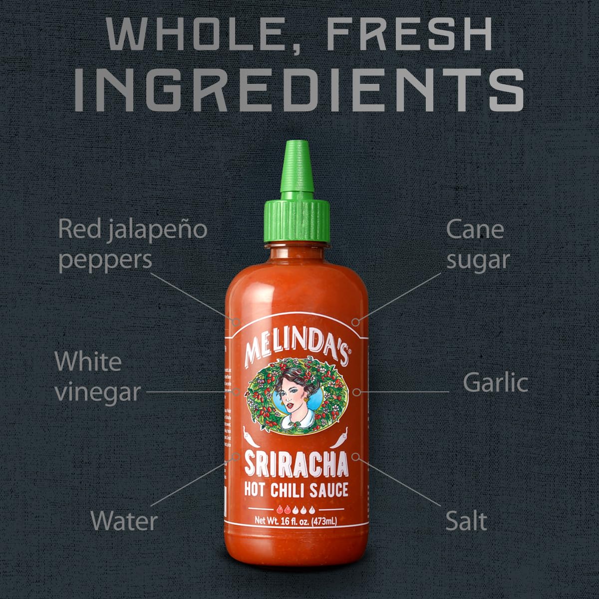 Melindas Sriracha Hot Sauce - Classic  Gourmet Sriracha Sauce Made with Fermented Red Jalapeos & Garlic - Keto  Vegan  Non-GMO and Gluten Free Hot Sauce - 16oz  1 Pack