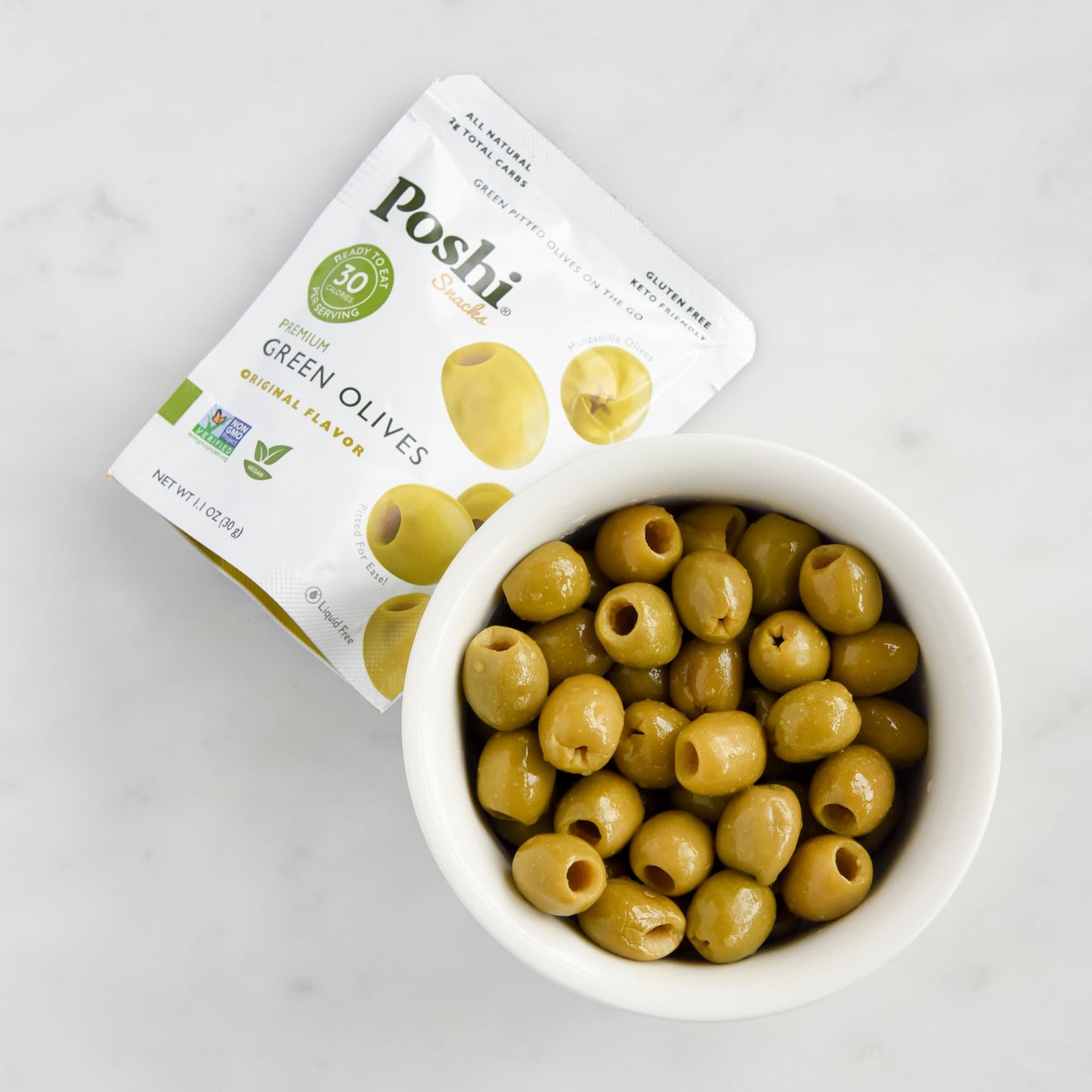 Poshi Green Olives - Original Flavor - Single Serve Pitted Olives - 1.1 Oz Bags - Pack of 10 - All Natural, Non-GMO, Gluten-Free