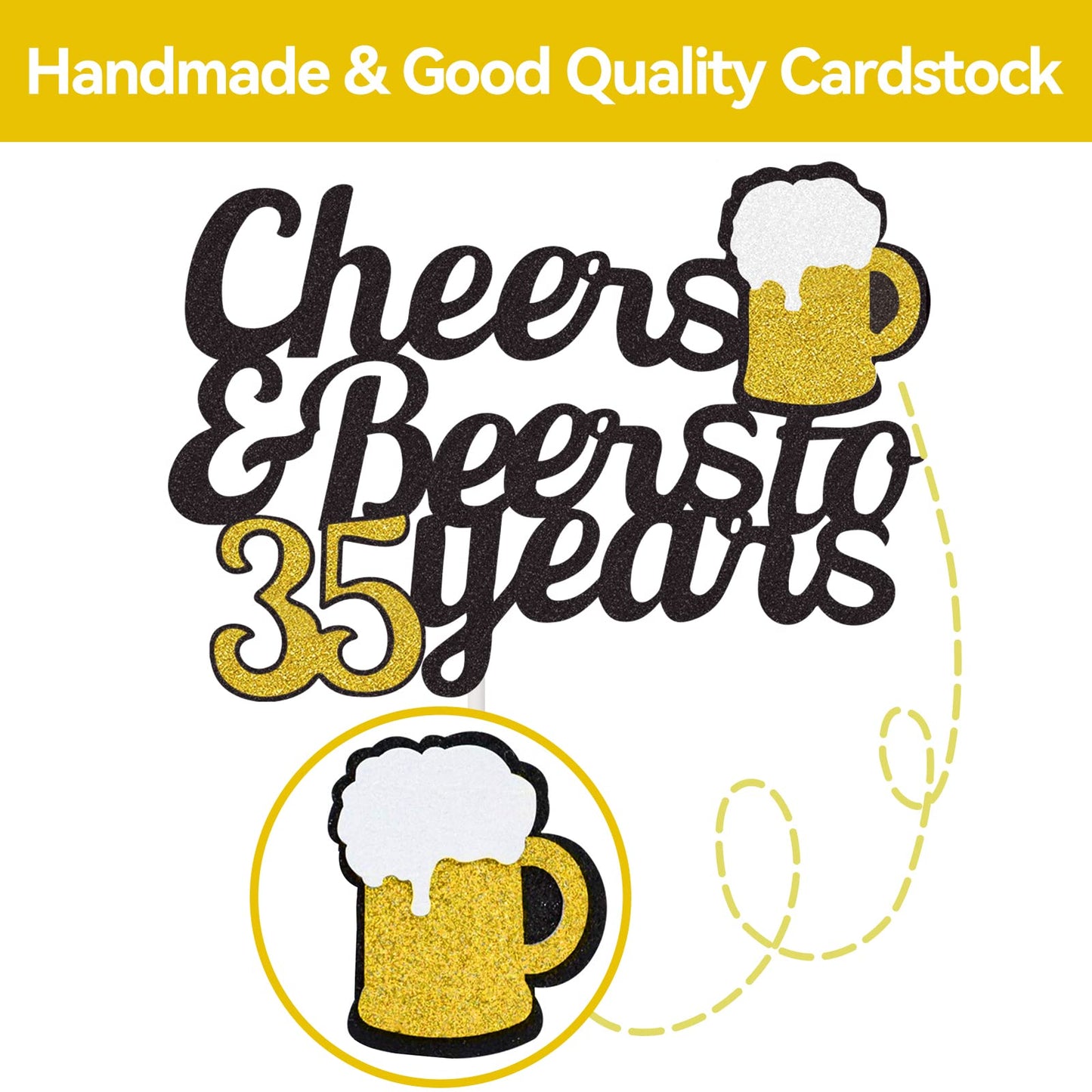 Joymee Cheers to 35 Years Cake Topper, Black and Gold Glitter, Double Sided
