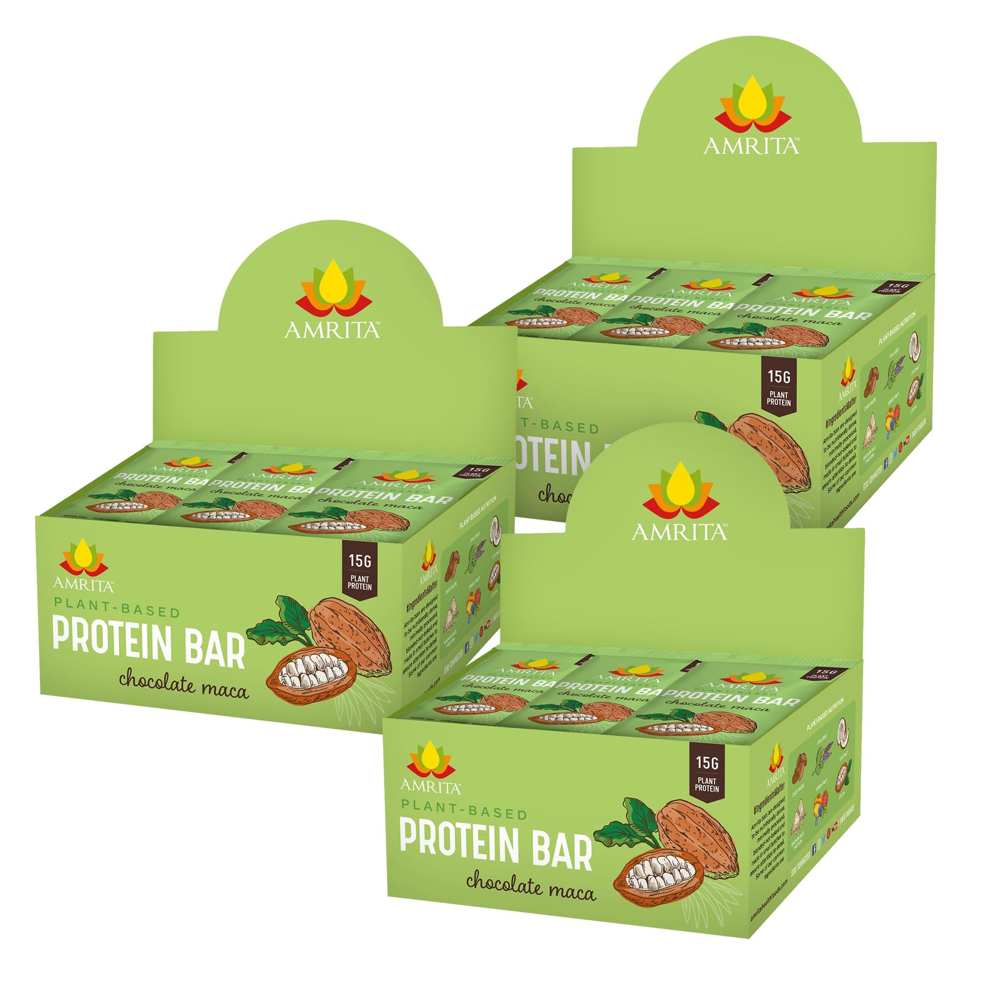 Amrita Chocolate Maca Vegan Protein Bars - Peanut/Dairy Free, Soy & Gluten Free - 15G Of Plant Based Protein Bars - High Fiber, 