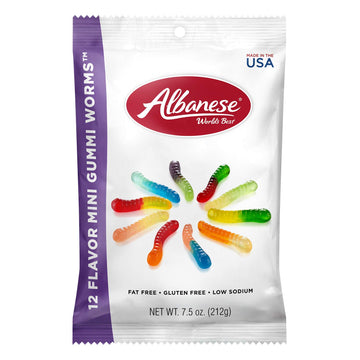 Albanese World's Best 12 Flavor Mini Gummi Worms, 7.5oz Bag of Candy (Pack of 12), Individually Wrapped Soft & Chewy Candy Snack