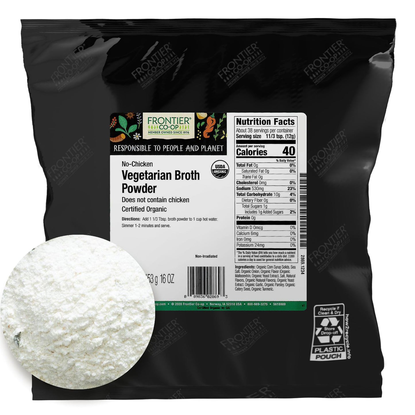 Frontier Co-op Vegetarian Broth Powder, 1-Pound Bulk Bag, Broth, Soup Base, Gravy, Hot Drink, Kosher