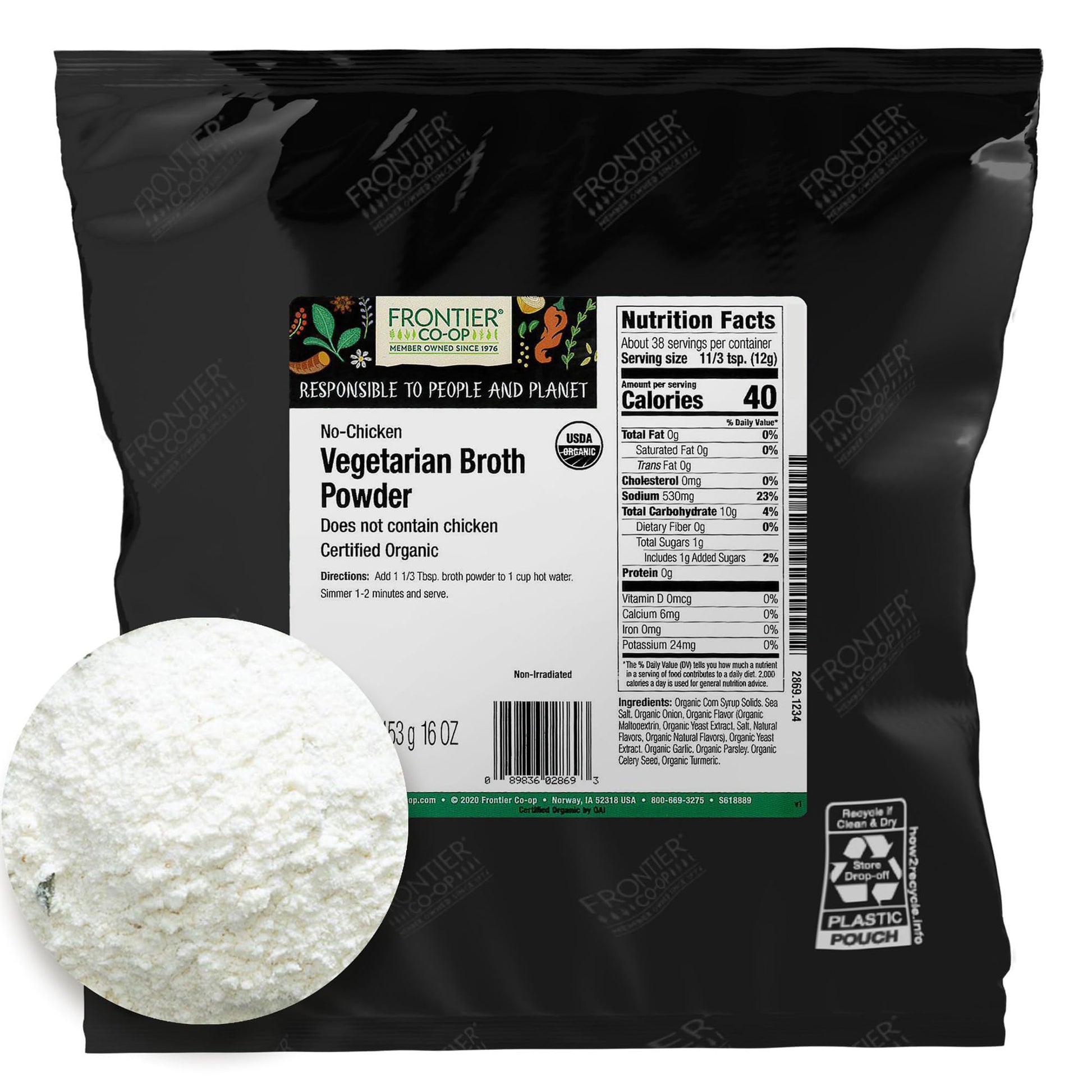 Frontier Co-op Vegetarian Broth Powder, 1-Pound Bulk Bag, Broth, Soup Base, Gravy, Hot Drink, Kosher