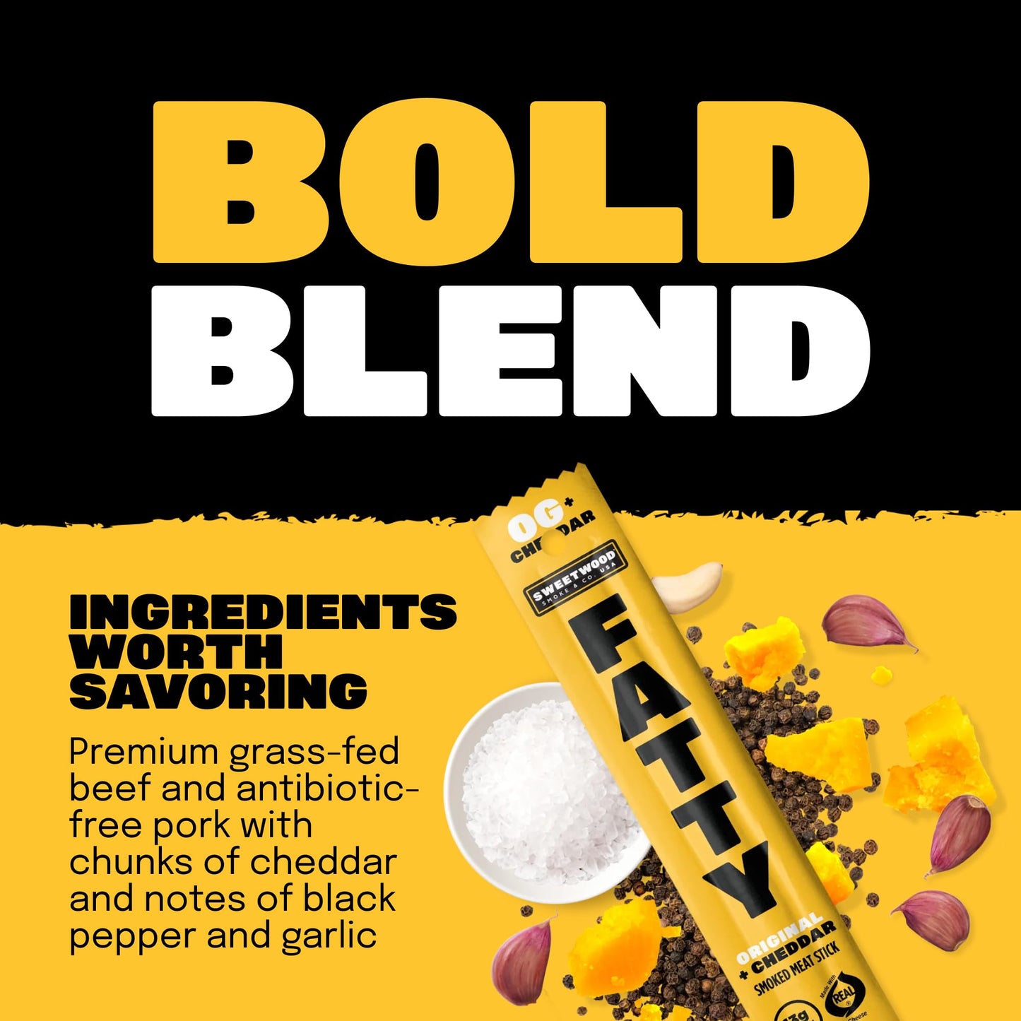 FATTY Grass-Fed Beef Smoked Meat Sticks, Original + Cheddar, 13g Protein, 2 oz. (Pack of 20)